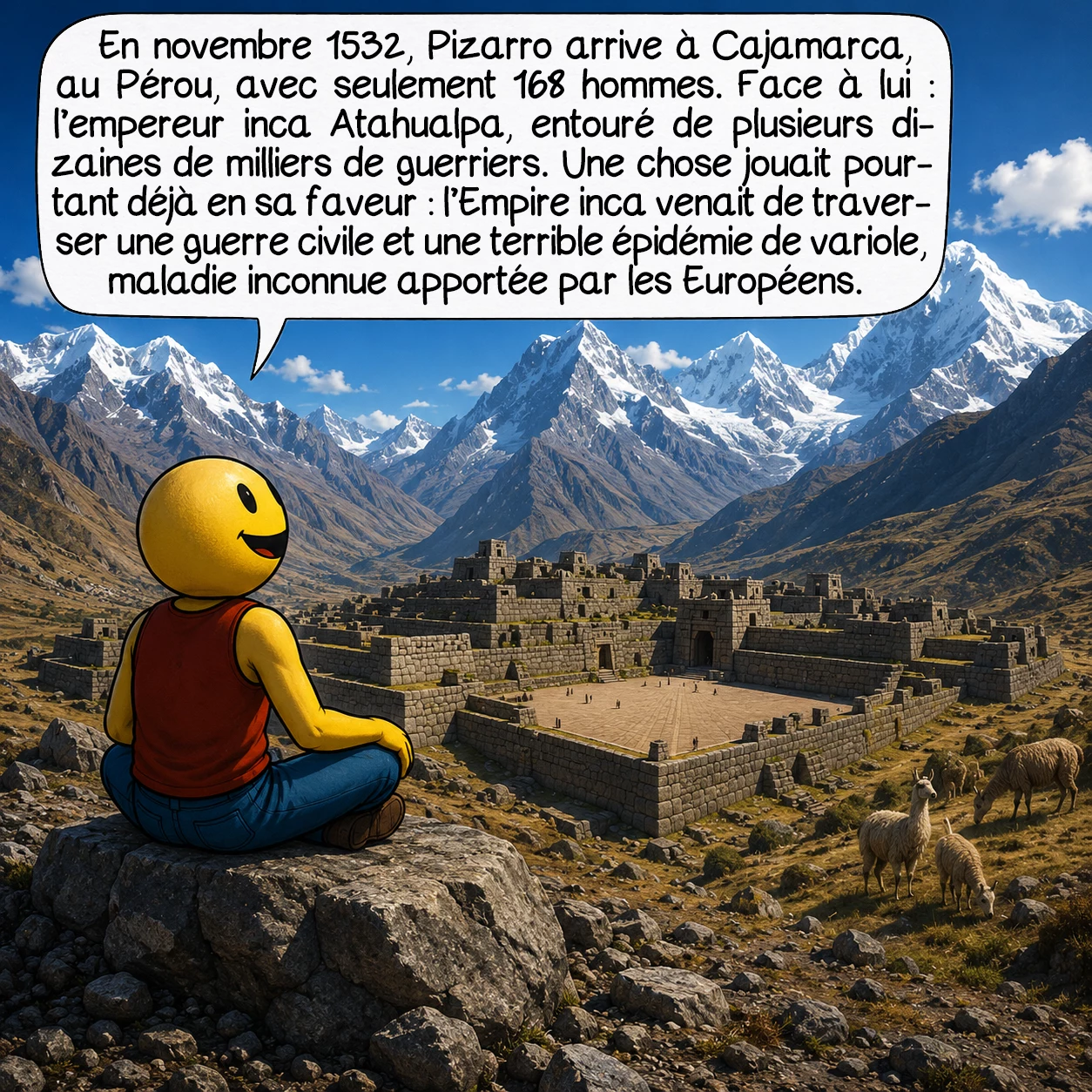 Francisco Pizarro, case 4 : En novembre 1532, Pizarro arrive à Cajamarca, au Pérou, avec seulement 168 hommes. Face à lui : l’empereur inca Atahualpa, entouré de plusieurs dizaines de milliers de guerriers. Une chose jouait pourtant déjà en sa faveur : l’Empire inca venait de traverser une guerre civile et une terrible épidémie de variole, maladie inconnue apportée par les Européens.
