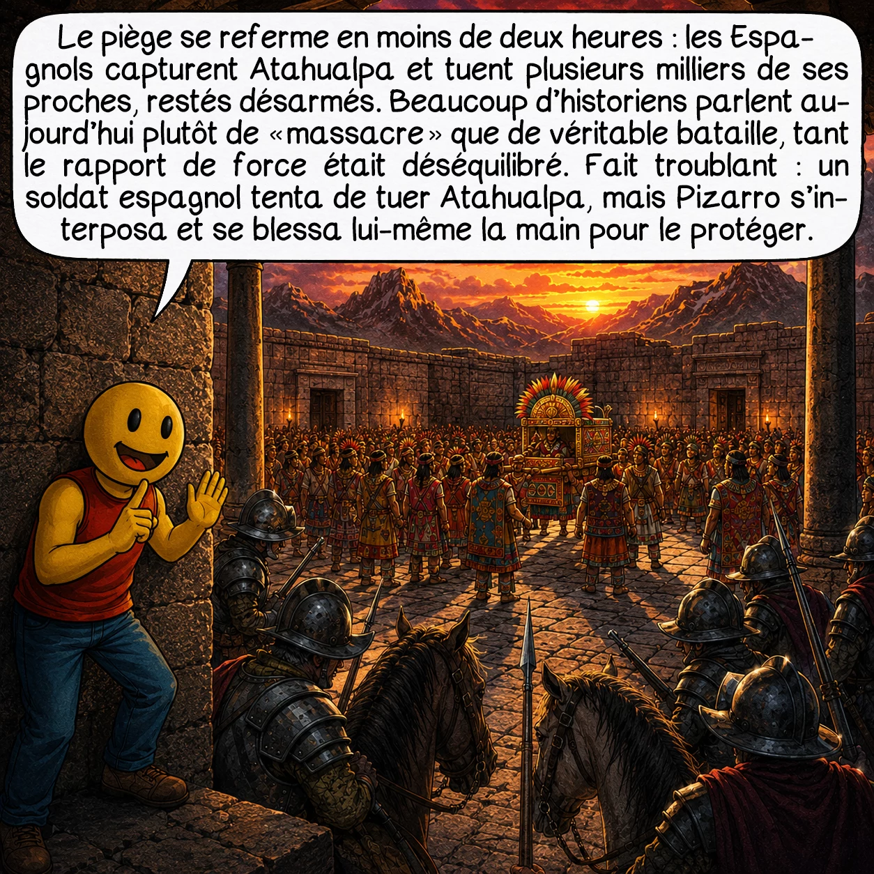 Francisco Pizarro, case 5 : Le piège se referme en moins de deux heures : les Espagnols capturent Atahualpa et tuent plusieurs milliers de ses proches, restés désarmés. Beaucoup d’historiens parlent aujourd’hui plutôt de « massacre » que de véritable bataille, tant le rapport de force était déséquilibré. Fait troublant : un soldat espagnol tenta de tuer Atahualpa, mais Pizarro s’interposa et se blessa lui-même la main pour le protéger.