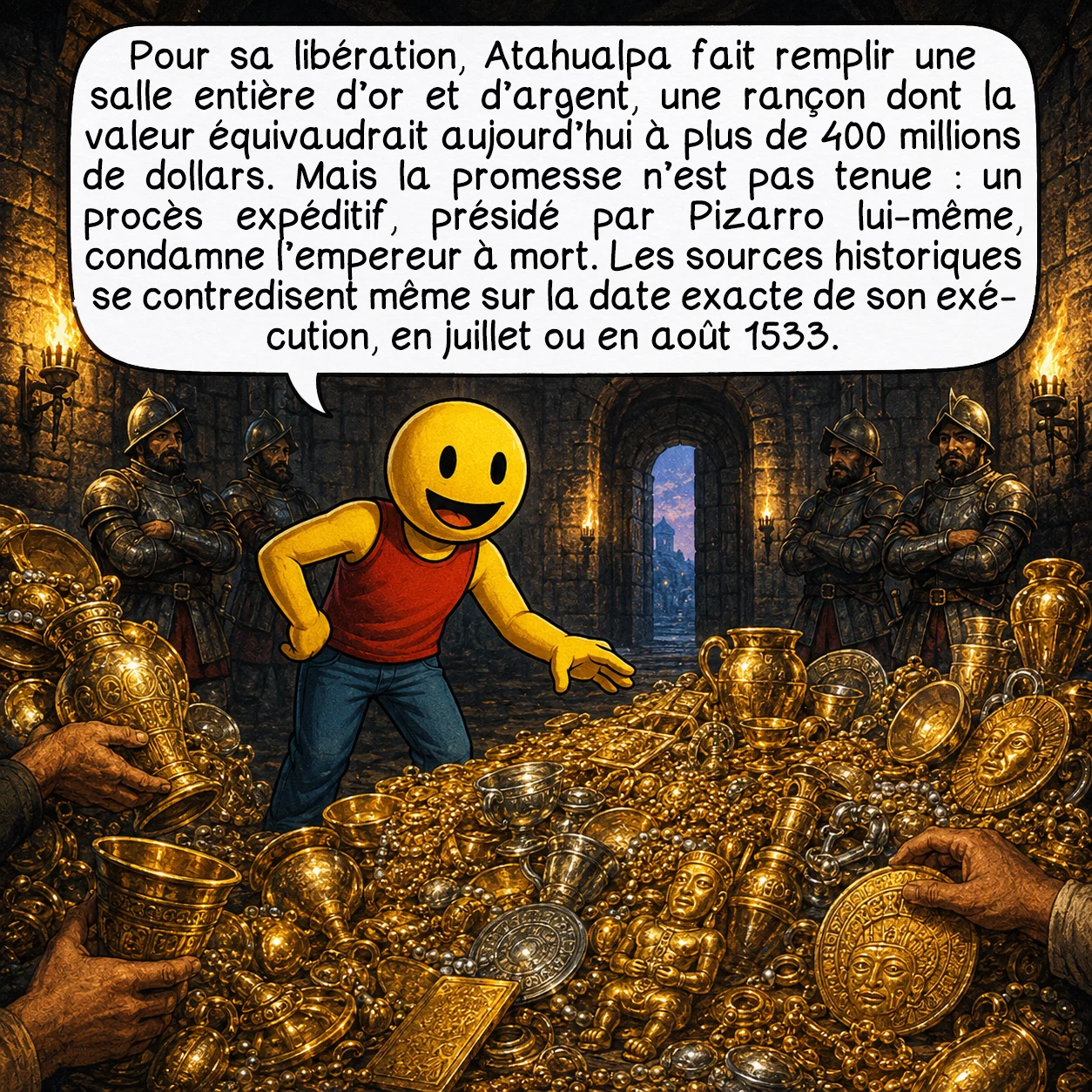 Francisco Pizarro, case 6 : Pour sa libération, Atahualpa fait remplir une salle entière d’or et d’argent, une rançon dont la valeur équivaudrait aujourd’hui à plus de 400 millions de dollars. Mais la promesse n’est pas tenue : un procès expéditif, présidé par Pizarro lui-même, condamne l’empereur à mort. Les sources historiques se contredisent même sur la date exacte de son exécution, en juillet ou en août 1533.