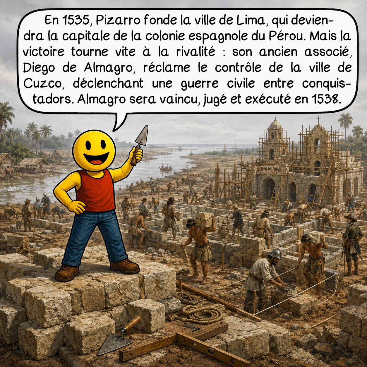 Francisco Pizarro, case 7 : En 1535, Pizarro fonde la ville de Lima, qui deviendra la capitale de la colonie espagnole du Pérou. Mais la victoire tourne vite à la rivalité : son ancien associé, Diego de Almagro, réclame le contrôle de la ville de Cuzco, déclenchant une guerre civile entre conquistadors. Almagro sera vaincu, jugé et exécuté en 1538.