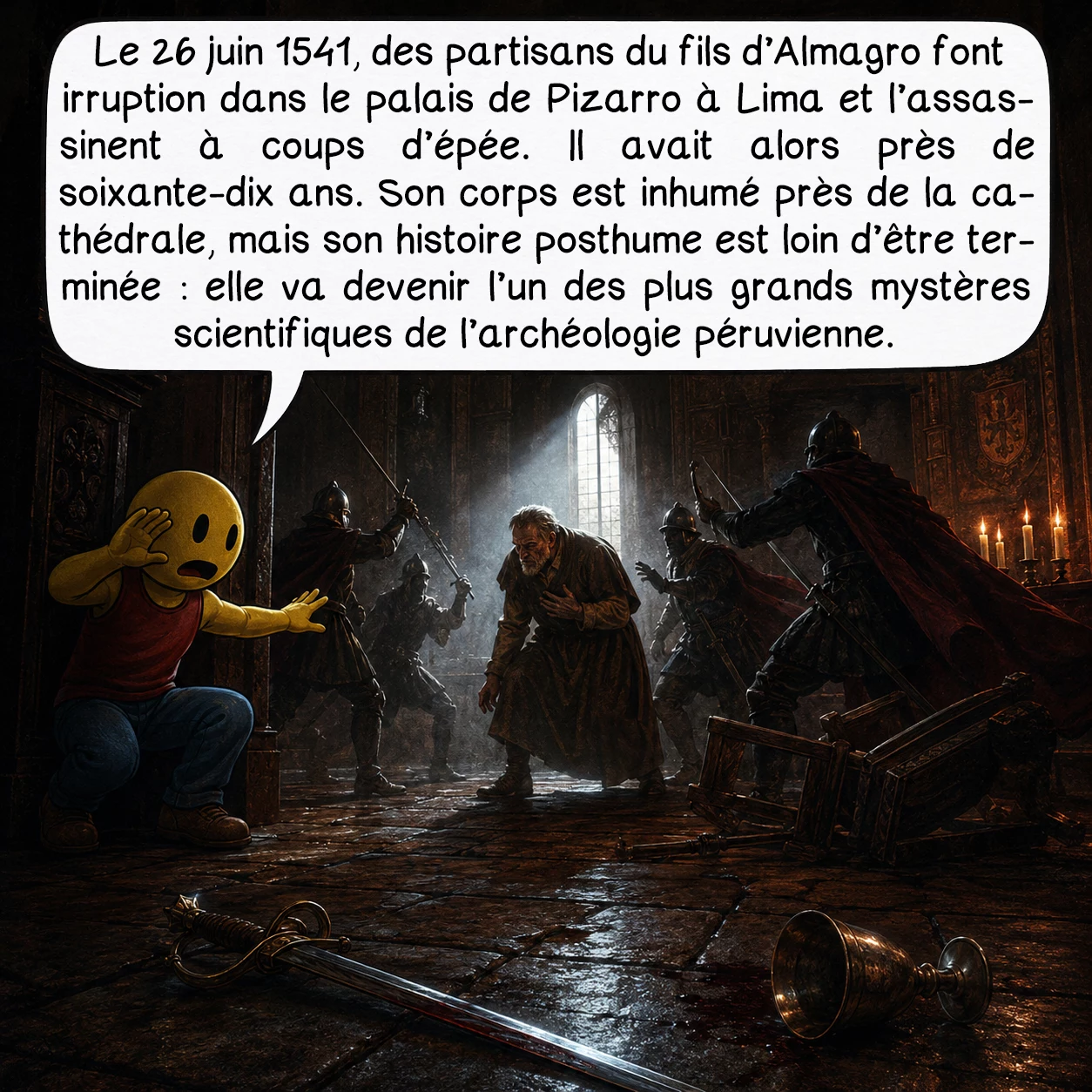 Francisco Pizarro, case 8 : Le 26 juin 1541, des partisans du fils d’Almagro font irruption dans le palais de Pizarro à Lima et l’assassinent à coups d’épée. Il avait alors près de soixante-dix ans. Son corps est inhumé près de la cathédrale, mais son histoire posthume est loin d’être terminée : elle va devenir l’un des plus grands mystères scientifiques de l’archéologie péruvienne.