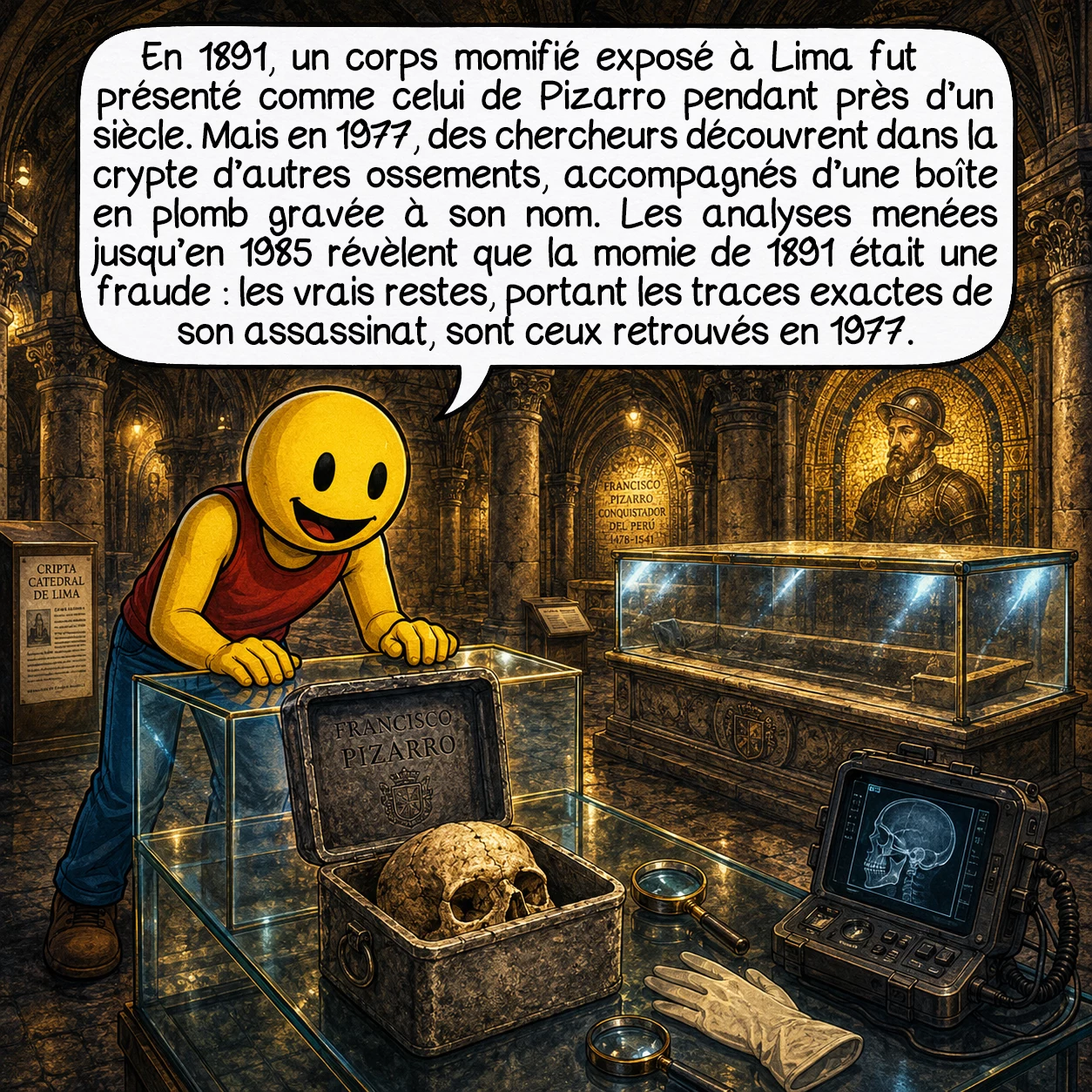 Francisco Pizarro, case 9 : En 1891, un corps momifié exposé à Lima fut présenté comme celui de Pizarro pendant près d’un siècle. Mais en 1977, des chercheurs découvrent dans la crypte d’autres ossements, accompagnés d’une boîte en plomb gravée à son nom. Les analyses menées jusqu’en 1985 révèlent que la momie de 1891 était une fraude : les vrais restes, portant les traces exactes de son assassinat, sont ceux retrouvés en 1977.