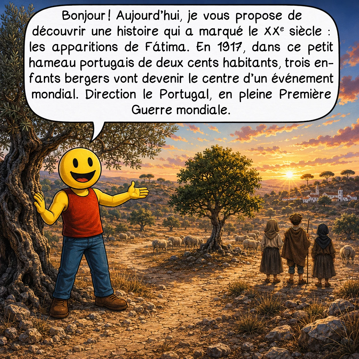 Les apparitions mariales de Fátima, case 1 : Bonjour ! Aujourd’hui, je vous propose de découvrir une histoire qui a marqué le XXe siècle : les apparitions de Fátima. En 1917, dans ce petit hameau portugais de deux cents habitants, trois enfants bergers vont devenir le centre d’un événement mondial. Direction le Portugal, en pleine Première Guerre mondiale.