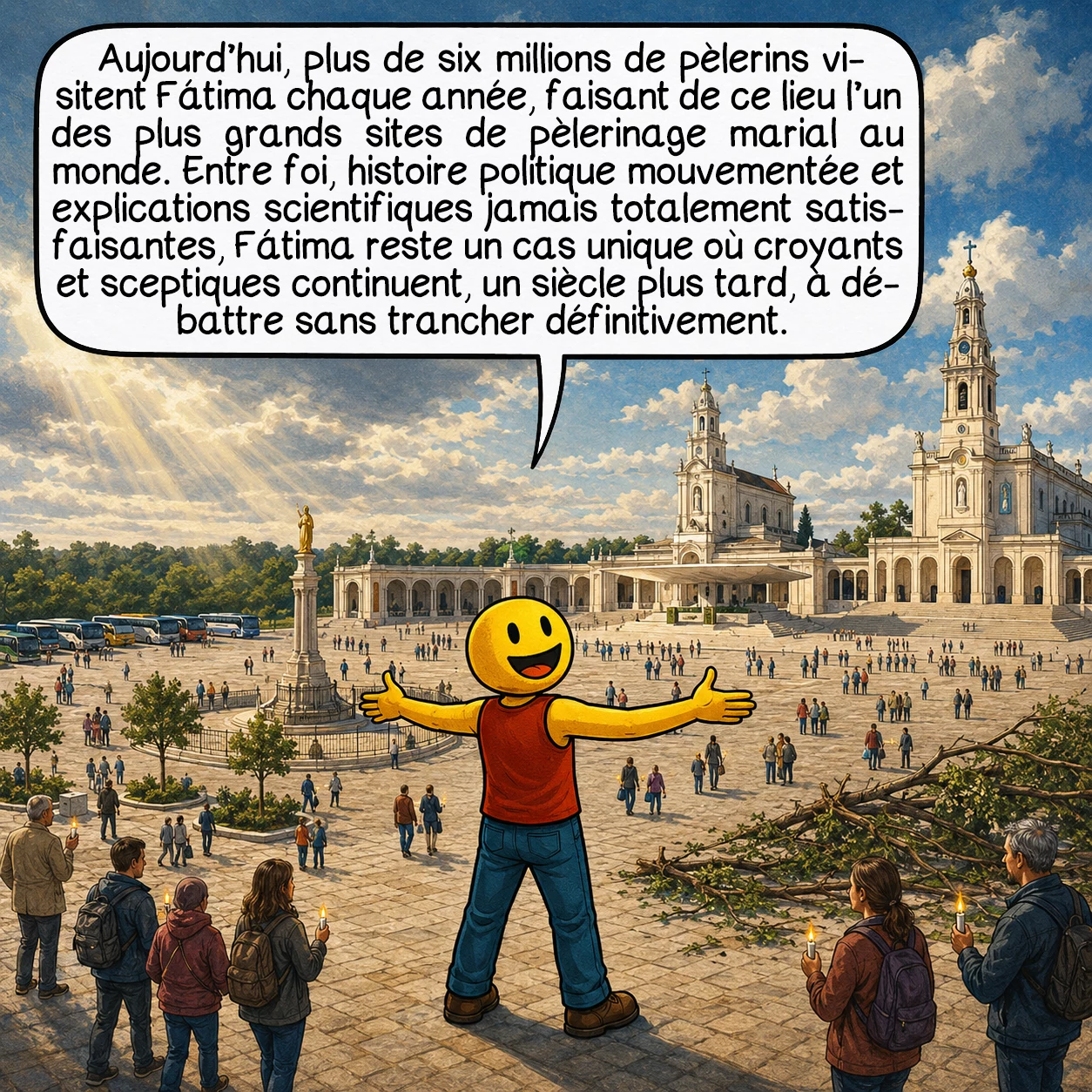 Les apparitions mariales de Fátima, case 10 : Aujourd’hui, plus de six millions de pèlerins visitent Fátima chaque année, faisant de ce lieu l’un des plus grands sites de pèlerinage marial au monde. Entre foi, histoire politique mouvementée et explications scientifiques jamais totalement satisfaisantes, Fátima reste un cas unique où croyants et sceptiques continuent, un siècle plus tard, à débattre sans trancher définitivement.