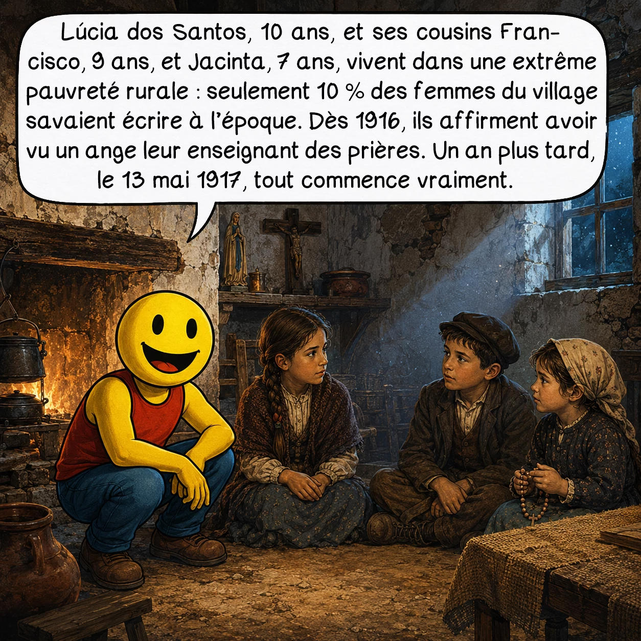Les apparitions mariales de Fátima, case 2 : Lúcia dos Santos, 10 ans, et ses cousins Francisco, 9 ans, et Jacinta, 7 ans, vivent dans une extrême pauvreté rurale : seulement 10 % des femmes du village savaient écrire à l’époque. Dès 1916, ils affirment avoir vu un ange leur enseignant des prières. Un an plus tard, le 13 mai 1917, tout commence vraiment.