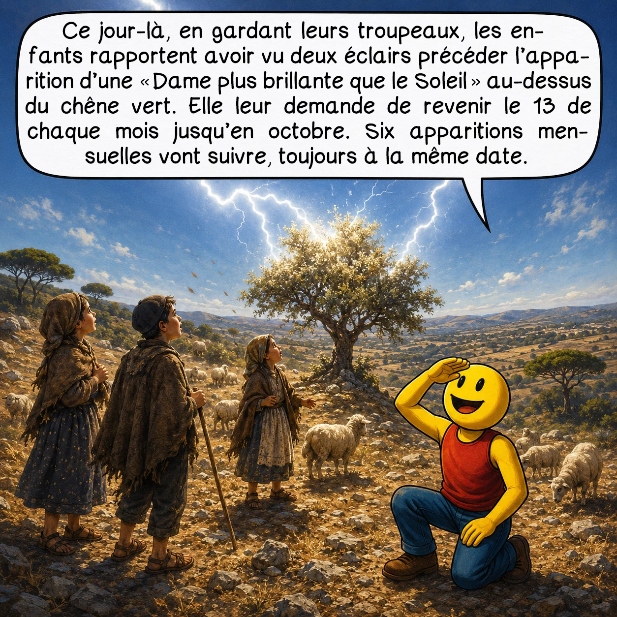 Les apparitions mariales de Fátima, case 3 : Ce jour-là, en gardant leurs troupeaux, les enfants rapportent avoir vu deux éclairs précéder l’apparition d’une « Dame plus brillante que le soleil » au-dessus du chêne vert. Elle leur demande de revenir le 13 de chaque mois jusqu’en octobre. Six apparitions mensuelles vont suivre, toujours à la même date.