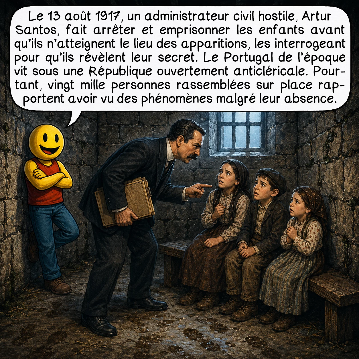 Les apparitions mariales de Fátima, case 4 : Le 13 août 1917, un administrateur civil hostile, Artur Santos, fait arrêter et emprisonner les enfants avant qu’ils n’atteignent le lieu des apparitions, les interrogeant pour qu’ils révèlent leur secret. Le Portugal de l’époque vit sous une République ouvertement anticléricale. Pourtant, vingt mille personnes rassemblées sur place rapportent avoir vu des phénomènes malgré leur absence.
