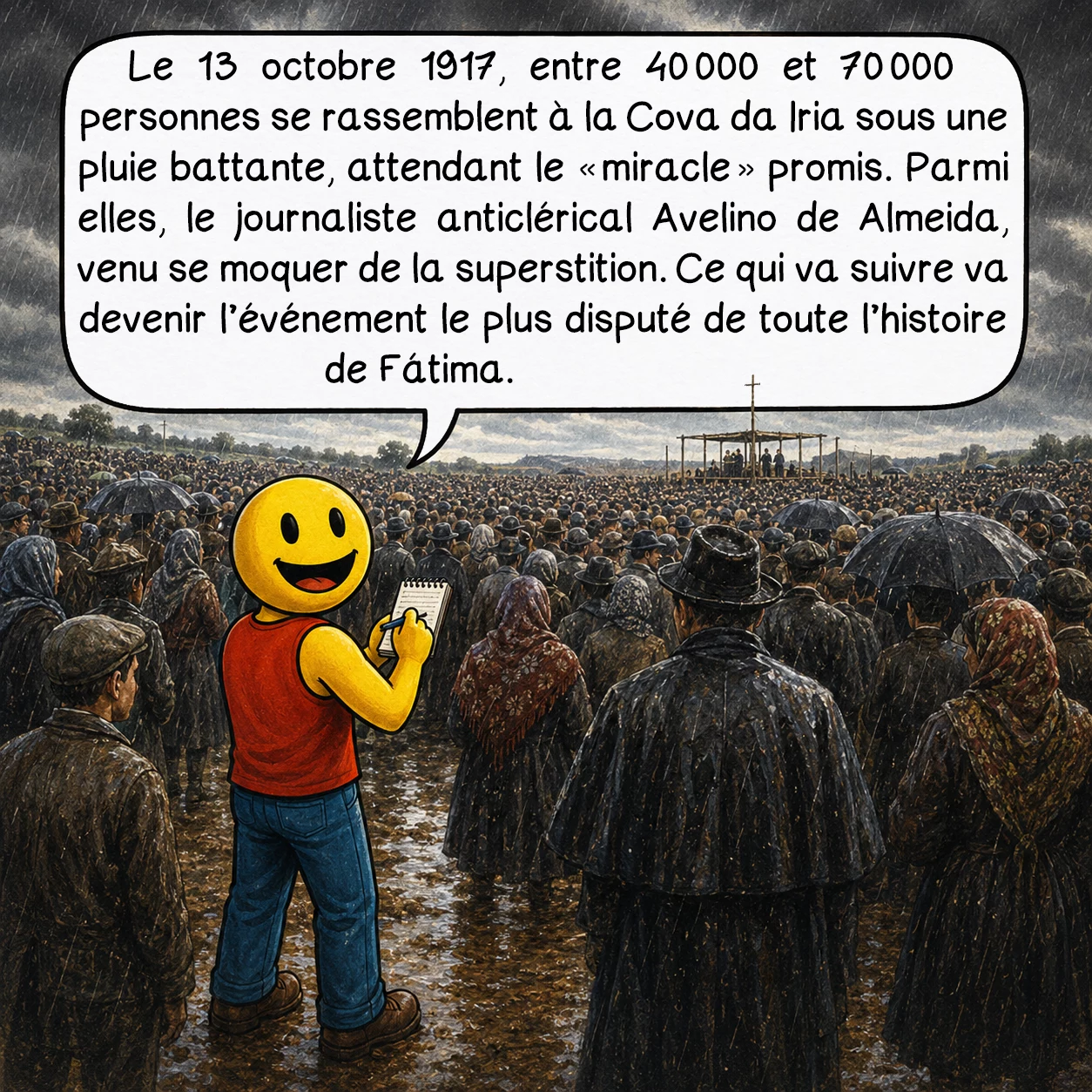 Les apparitions mariales de Fátima, case 5 : Le 13 octobre 1917, entre 40 000 et 70 000 personnes se rassemblent à la Cova da Iria sous une pluie battante, attendant le « miracle » promis. Parmi elles, le journaliste anticlérical Avelino de Almeida, venu se moquer de la superstition. Ce qui va suivre va devenir l’événement le plus disputé de toute l’histoire de Fátima.