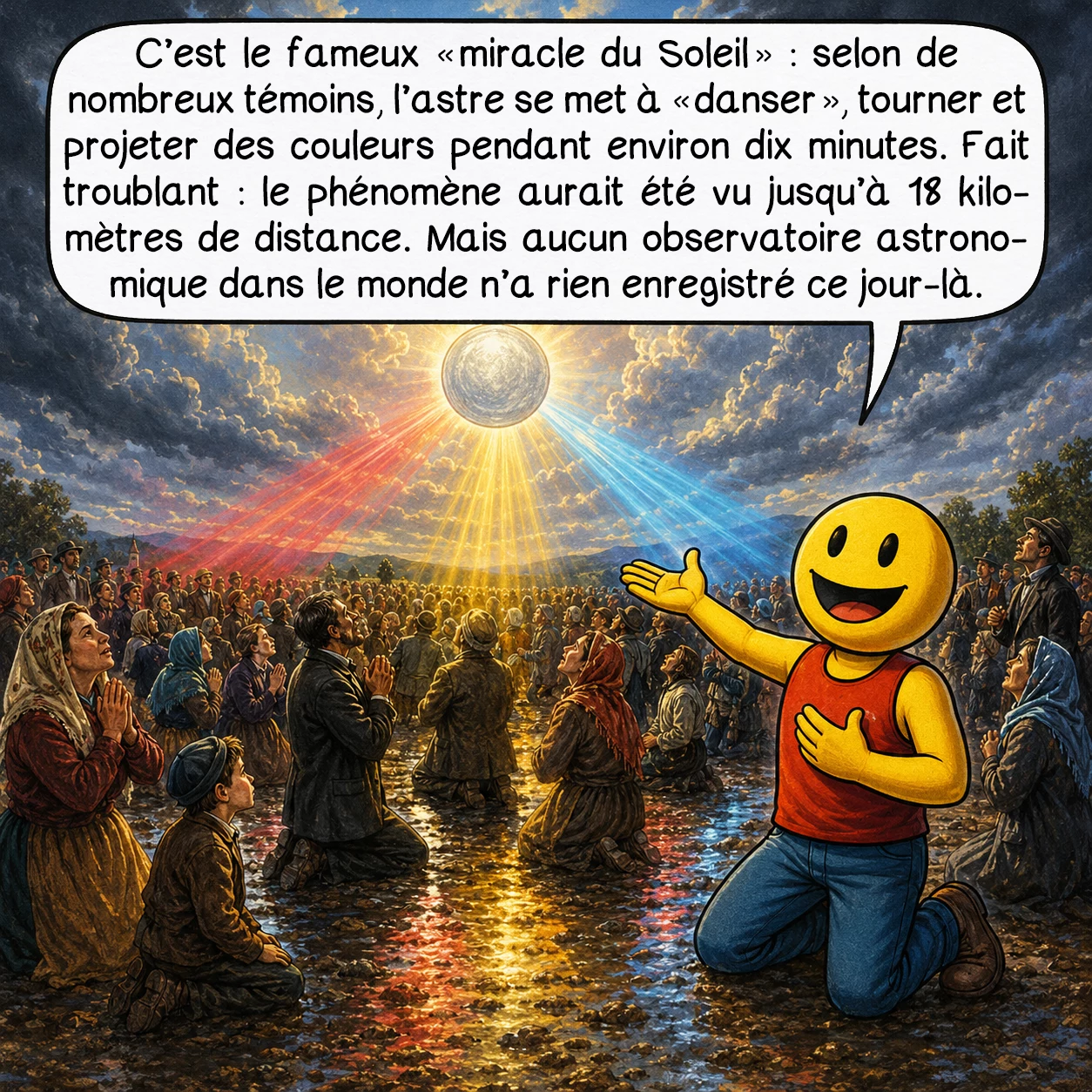 Les apparitions mariales de Fátima, case 6 : C’est le fameux « miracle du soleil » : selon de nombreux témoins, l’astre se met à « danser », tourner et projeter des couleurs pendant environ dix minutes. Fait troublant : le phénomène aurait été vu jusqu’à 18 kilomètres de distance. Mais aucun observatoire astronomique dans le monde n’a rien enregistré ce jour-là.