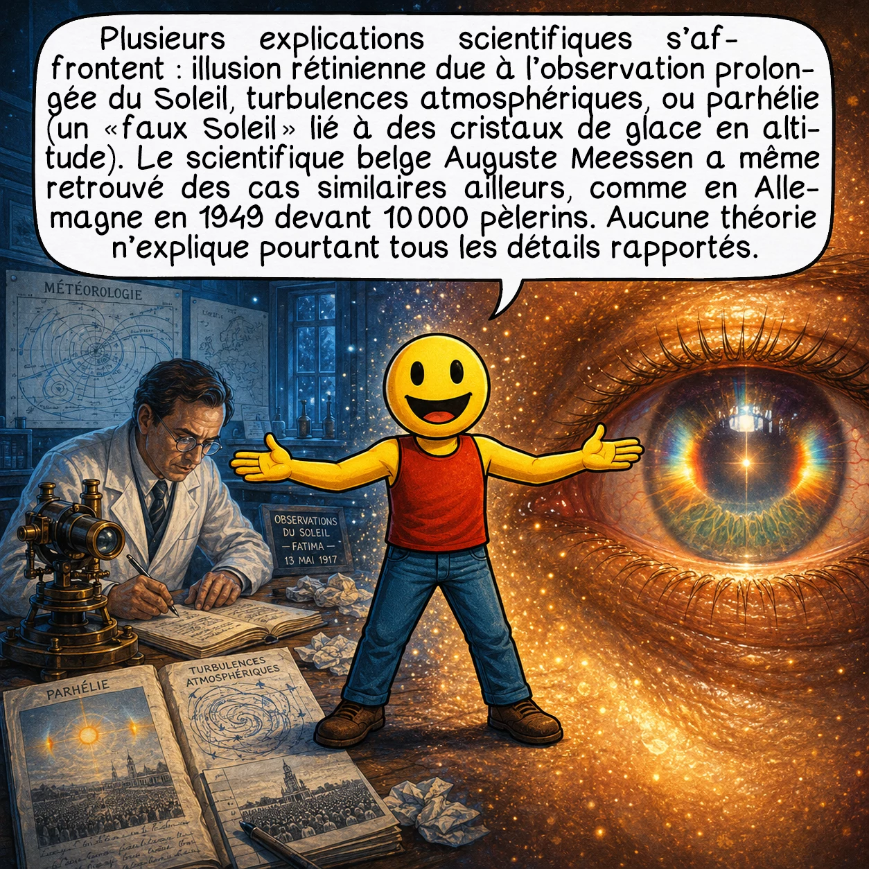 Les apparitions mariales de Fátima, case 7 : Plusieurs explications scientifiques s’affrontent : illusion rétinienne due à l’observation prolongée du soleil, turbulences atmosphériques, ou parhélie (un « faux soleil » lié à des cristaux de glace en altitude). Le scientifique belge Auguste Meessen a même retrouvé des cas similaires ailleurs, comme en Allemagne en 1949 devant 10 000 pèlerins. Aucune théorie n’explique pourtant tous les détails rapportés.