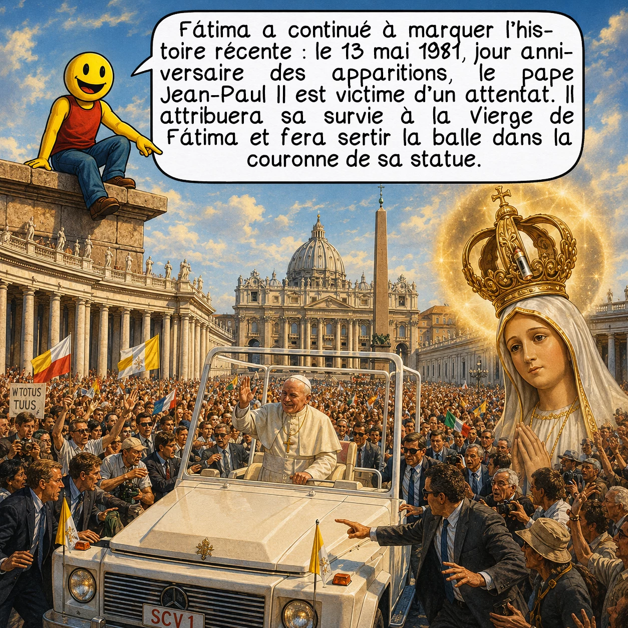 Les apparitions mariales de Fátima, case 9 : Fátima a continué à marquer l’histoire récente : le 13 mai 1981, jour anniversaire des apparitions, le pape Jean-Paul II est victime d’un attentat. Il attribuera sa survie à la Vierge de Fátima et fera sertir la balle dans la couronne de sa statue. Lui-même reconnaîtra cependant plus tard qu’il serait « simpliste » d’attribuer la chute du communisme à une seule cause providentielle.