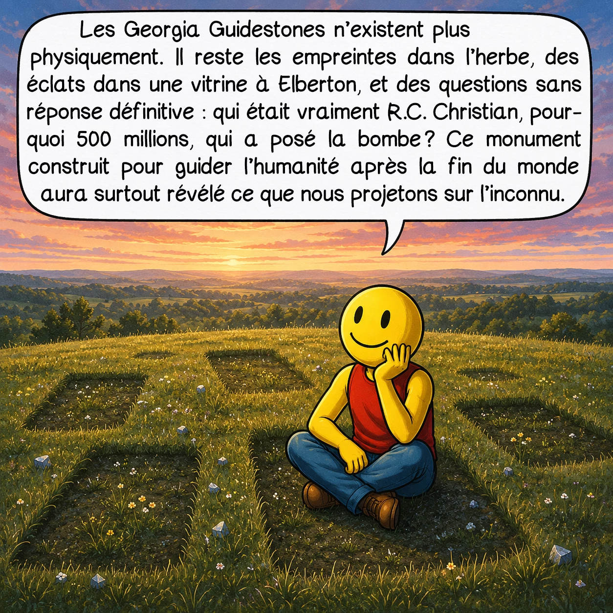 Les Georgia guidestones, case 10 : Les Georgia Guidestones n’existent plus physiquement. Il reste les empreintes dans l’herbe, des éclats dans une vitrine à Elberton, et des questions sans réponse définitive : qui était vraiment R.C. Christian, pourquoi 500 millions, qui a posé la bombe ? Ce monument construit pour guider l’humanité après la fin du monde aura surtout révélé ce que nous projetons sur l’inconnu.