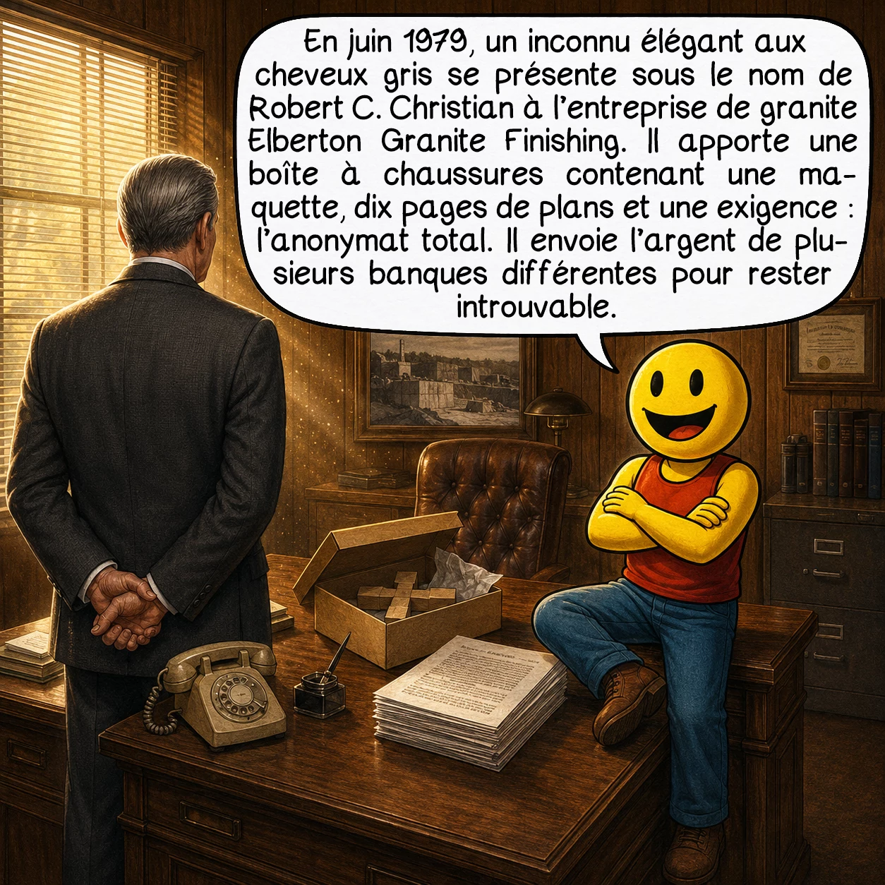 Les Georgia guidestones, case 2 : En juin 1979, un inconnu élégant aux cheveux gris se présente sous le nom de Robert C. Christian à l’entreprise de granite Elberton Granite Finishing. Il apporte une boîte à chaussures contenant une maquette, dix pages de plans et une exigence : l’anonymat total. Il envoie l’argent de plusieurs banques différentes pour rester introuvable.