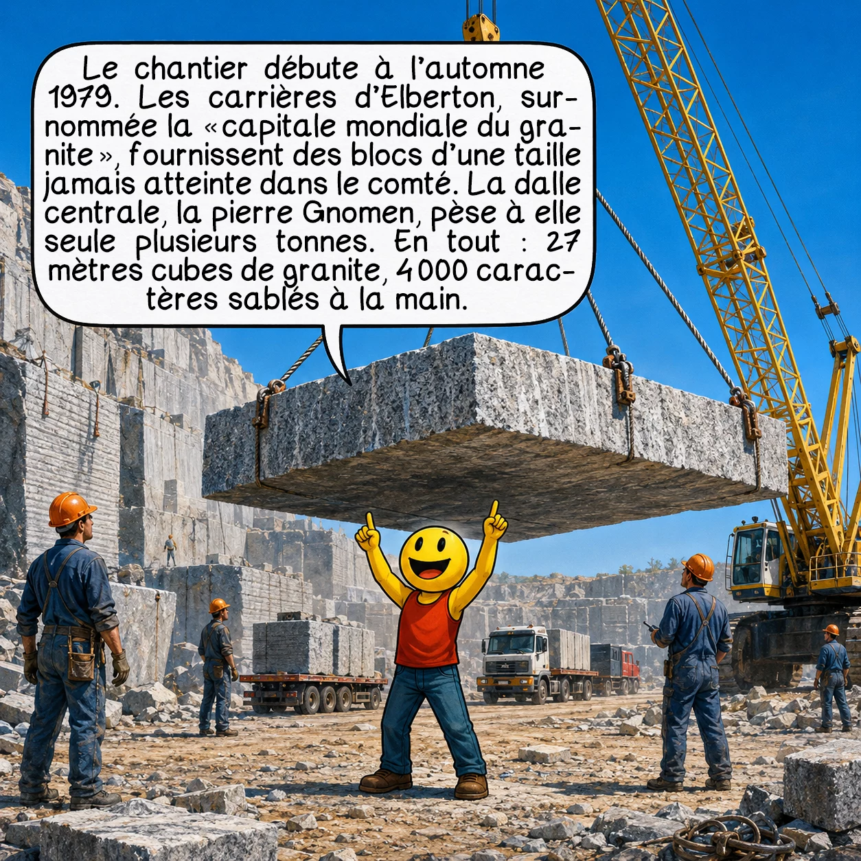 Les Georgia guidestones, case 3 : Le chantier débute à l’automne 1979. Les carrières d’Elberton, surnommée la « capitale mondiale du granite », fournissent des blocs d’une taille jamais atteinte dans le comté. La dalle centrale, la pierre Gnomen, pèse à elle seule plusieurs tonnes. En tout : 951 pieds cubes de granite, 4 000 caractères sablés à la main.