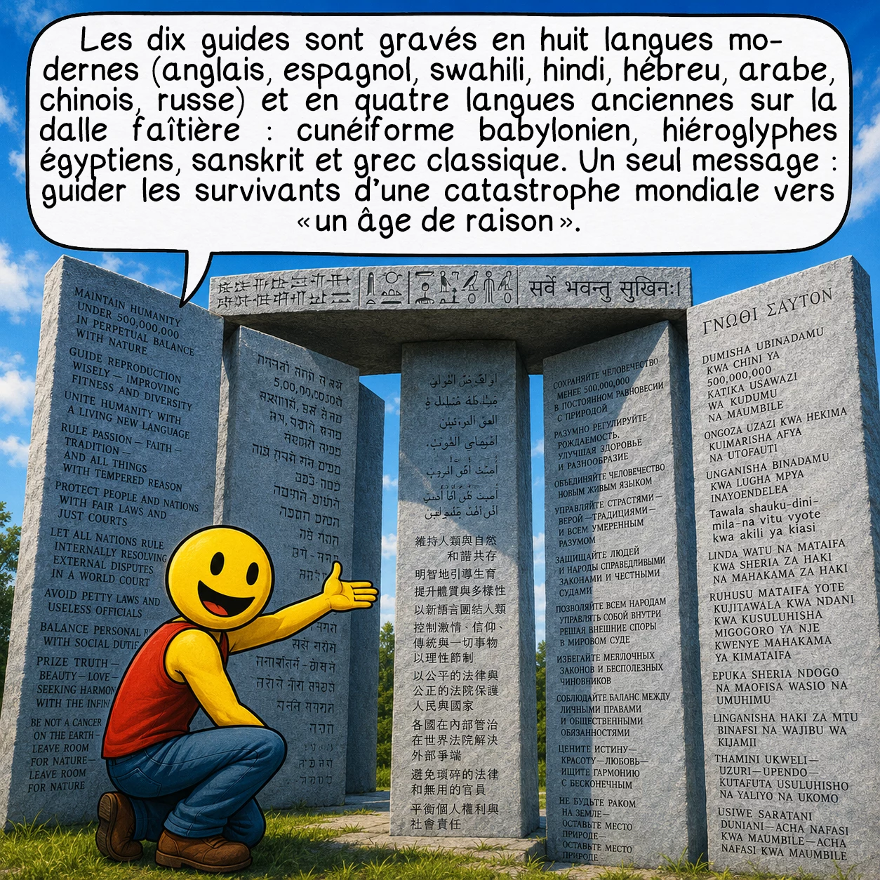 Les Georgia guidestones, case 4 : Les dix guides sont gravés en huit langues modernes — anglais, espagnol, swahili, hindi, hébreu, arabe, chinois, russe — et en quatre langues anciennes sur la dalle faîtière : cunéiforme babylonien, hiéroglyphes égyptiens, sanskrit et grec classique. Un seul message : guider les survivants d’une catastrophe mondiale vers « un âge de raison ».