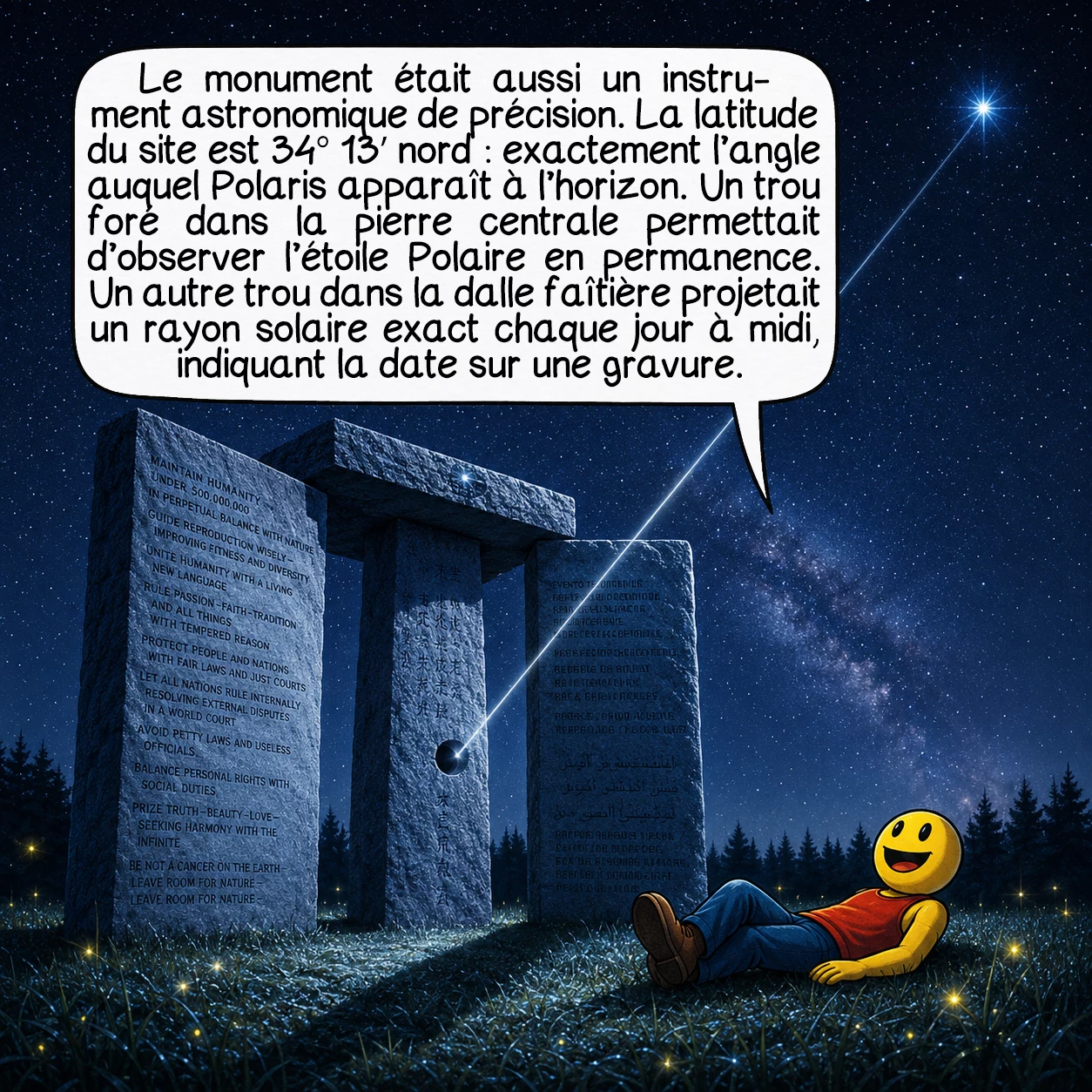 Les Georgia guidestones, case 5 : Le monument était aussi un instrument astronomique de précision. La latitude du site est 34° 13′ nord : exactement l’angle auquel Polaris apparaît à l’horizon. Un trou foré dans la pierre centrale permettait d’observer l’étoile Polaire en permanence. Un autre trou dans la dalle faîtière projetait un rayon solaire exact chaque jour à midi, indiquant la date sur une gravure.