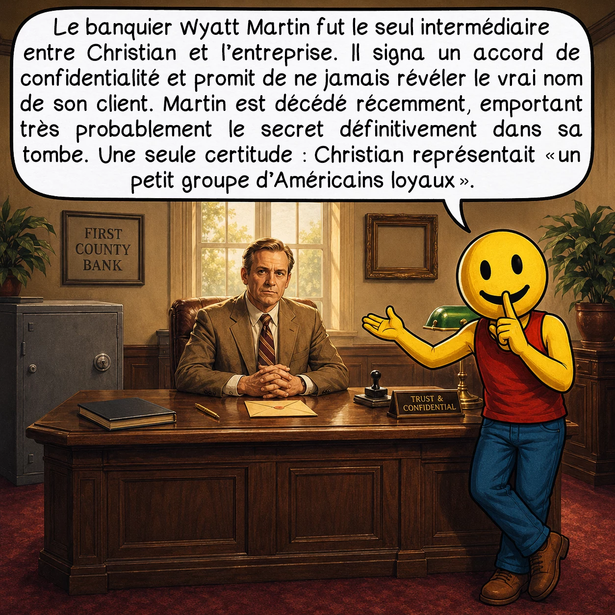 Les Georgia guidestones, case 6 : Le banquier Wyatt Martin fut le seul intermédiaire entre Christian et l’entreprise. Il signa un accord de confidentialité et promit de ne jamais révéler le vrai nom de son client. Martin est décédé récemment, emportant très probablement le secret définitivement dans sa tombe. Une seule certitude : Christian représentait « un petit groupe d’Américains loyaux ».