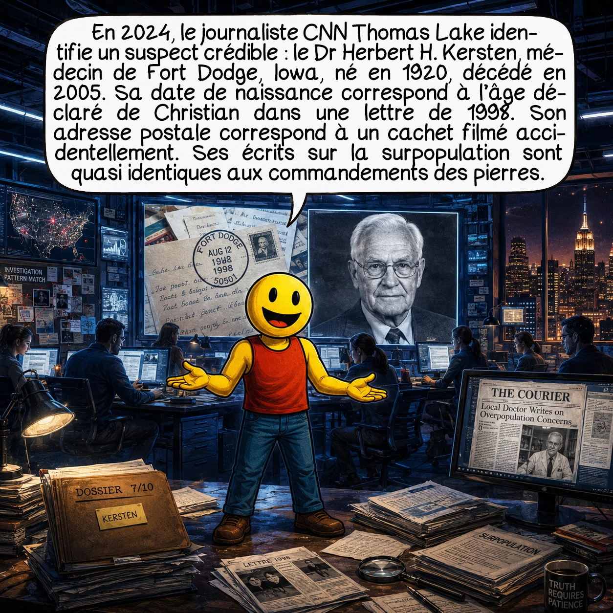 Les Georgia guidestones, case 7 : En 2024, le journaliste CNN Thomas Lake identifie un suspect crédible : le Dr Herbert H. Kersten, médecin de Fort Dodge, Iowa, né en 1920, décédé en 2005. Sa date de naissance correspond à l’âge déclaré de Christian dans une lettre de 1998. Son adresse postale correspond à un cachet filmé accidentellement. Ses écrits sur la surpopulation sont quasi identiques aux commandements des pierres.
