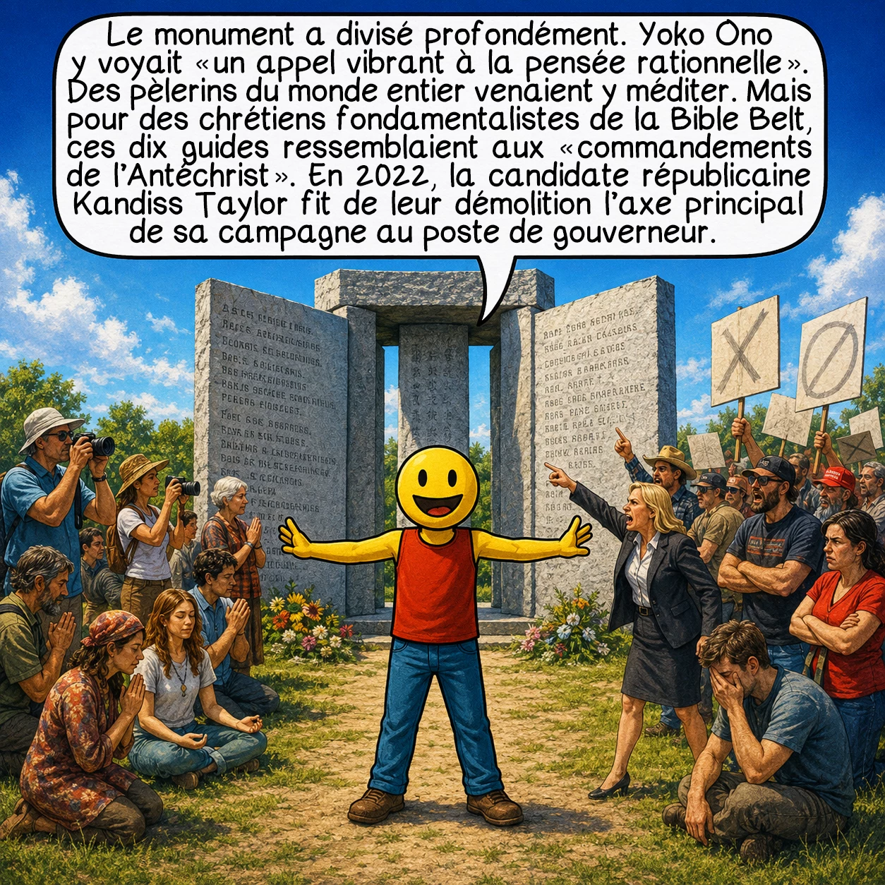 Les Georgia guidestones, case 8 : Le monument a divisé profondément. Yoko Ono y voyait « un appel vibrant à la pensée rationnelle ». Des pèlerins du monde entier venaient y méditer. Mais pour des chrétiens fondamentalistes de la Bible Belt, ces dix guides ressemblaient aux « commandements de l’Antéchrist ». En 2022, la candidate républicaine Kandiss Taylor fit de leur démolition l’axe principal de sa campagne au poste de gouverneur.