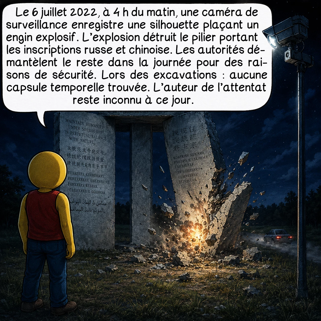 Les Georgia guidestones, case 9 : Le 6 juillet 2022, à 4 h du matin, une caméra de surveillance enregistre une silhouette plaçant un engin explosif. L’explosion détruit le pilier portant les inscriptions russe et chinoise. Les autorités démantèlent le reste dans la journée pour des raisons de sécurité. Lors des excavations : aucune capsule temporelle trouvée. L’auteur de l’attentat reste inconnu à ce jour.