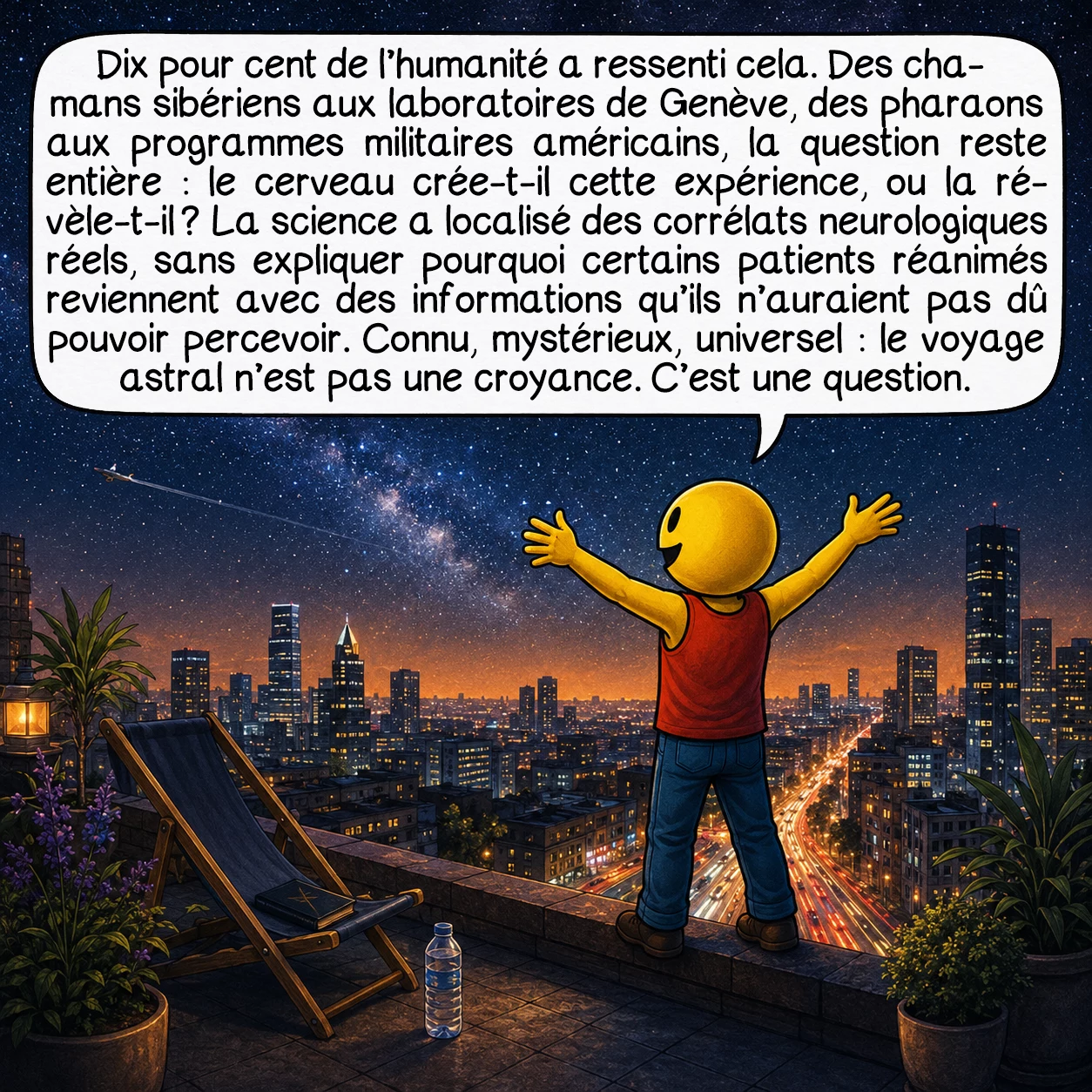 Le voyage astral, case 10 : Dix pour cent de l’humanité a ressenti cela. Des chamans sibériens aux laboratoires de Genève, des pharaons aux programmes militaires américains, la question reste entière : le cerveau crée-t-il cette expérience, ou la révèle-t-il ? La science a localisé des corrélats neurologiques réels — sans expliquer pourquoi certains patients réanimés reviennent avec des informations qu’ils n’auraient pas dû pouvoir percevoir. Connu, mystérieux, universel : le voyage astral n’est pas une croyance. C’est une question.
