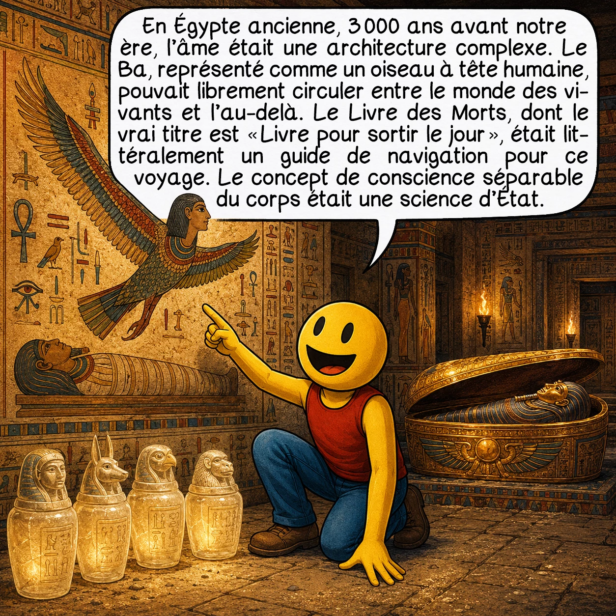 Le voyage astral, case 3 : En Égypte ancienne, 3 000 ans avant notre ère, l’âme était une architecture complexe. Le Ba — représenté comme un oiseau à tête humaine — pouvait librement circuler entre le monde des vivants et l’au-delà. Le Livre des Morts, dont le vrai titre est « Livre pour sortir le jour », était littéralement un guide de navigation pour ce voyage. Le concept de conscience séparable du corps était une science d’État.