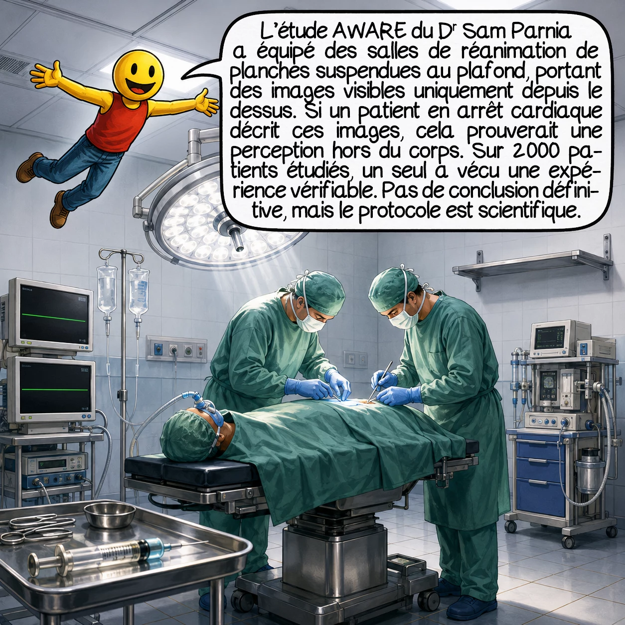 Le voyage astral, case 4 : L’étude AWARE du Dr Sam Parnia a équipé des salles de réanimation de planches suspendues au plafond, portant des images visibles uniquement depuis le dessus. Objectif : si un patient en arrêt cardiaque décrit ces images, cela prouverait une perception hors du corps. Sur 2 000 patients étudiés, un seul a vécu une expérience vérifiable. Pas de conclusion définitive — mais le protocole, lui, est rigoureusement scientifique.