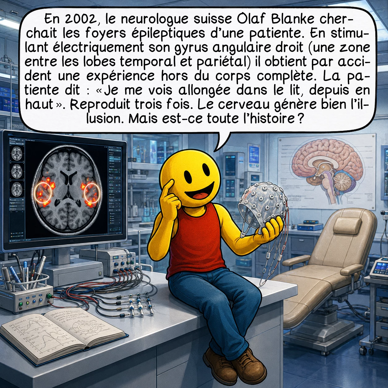 Le voyage astral, case 5 : En 2002, le neurologue suisse Olaf Blanke cherchait les foyers épileptiques d’une patiente. En stimulant électriquement son gyrus angulaire droit — une zone entre les lobes temporal et pariétal — il obtient par accident une expérience hors du corps complète. La patiente dit : « Je me vois allongée dans le lit, depuis en haut. » Reproduit trois fois. Le cerveau génère bien l’illusion. Mais est-ce toute l’histoire ?