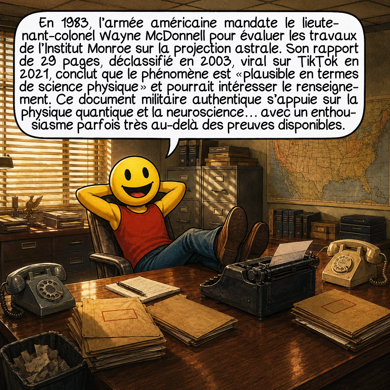 Le voyage astral, case 7 : En 1983, l’armée américaine mandate le lieutenant-colonel Wayne McDonnell pour évaluer les travaux de l’Institut Monroe sur la projection astrale. Son rapport de 29 pages — déclassifié en 2003, viral sur TikTok en 2021 — conclut que le phénomène est « plausible en termes de science physique » et pourrait intéresser le renseignement. Ce document militaire authentique s’appuie sur la physique quantique et la neuroscience — avec un enthousiasme parfois très au-delà des preuves disponibles.