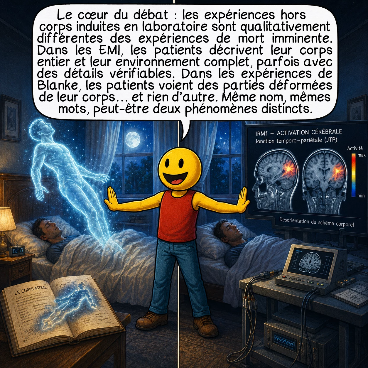 Le voyage astral, case 8 : Le cœur du débat : les expériences hors corps induites en laboratoire sont qualitativement différentes des expériences de mort imminente. Dans les EMI, les patients décrivent leur corps entier et leur environnement complet, parfois avec des détails vérifiables. Dans les expériences de Blanke, les patients voient des parties déformées de leur corps — et rien d’autre. Même nom, mêmes mots, peut-être deux phénomènes distincts.