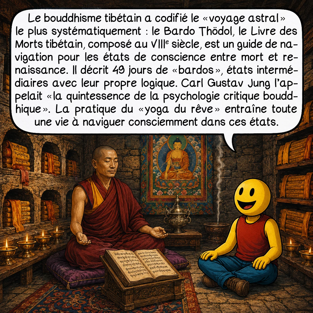 Le voyage astral, case 9 : Le bouddhisme tibétain a codifié le « voyage astral » le plus systématiquement : le Bardo Thödol — le Livre des Morts tibétain, composé au VIIIe siècle — est un guide de navigation pour les états de conscience entre mort et renaissance. Il décrit 49 jours de « bardos », états intermédiaires avec leur propre logique. Carl Gustav Jung l’appelait « la quintessence de la psychologie critique bouddhique ». La pratique du « yoga du rêve » entraîne toute une vie à naviguer consciemment dans ces états.