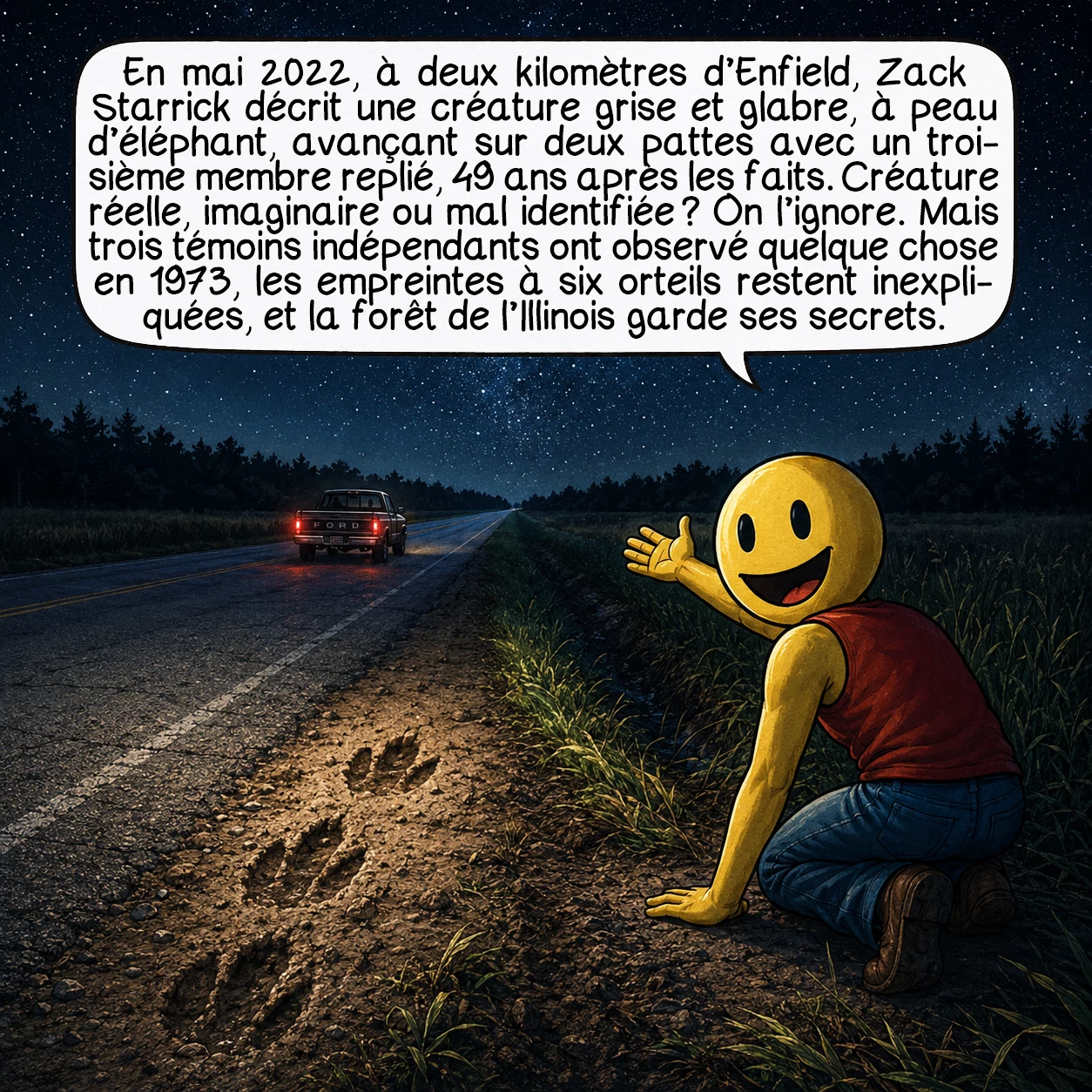 Le monstre d’Enfield, case 10 : En mai 2022, à deux kilomètres d’Enfield, Zack Starrick décrit une créature grise sans poils, à peau d’éléphant, se déplaçant sur deux pattes avec un troisième membre replié — 49 ans après les premiers événements. Réel, imaginaire ou mal identifié ? L’honnêteté scientifique impose de répondre : on ne sait pas. Ce qu’on sait, c’est que trois témoins indépendants en 1973 ont observé quelque chose, que les empreintes à six orteils restent biologiquement inexpliquées, et que la forêt d’Illinois garde ses secrets.