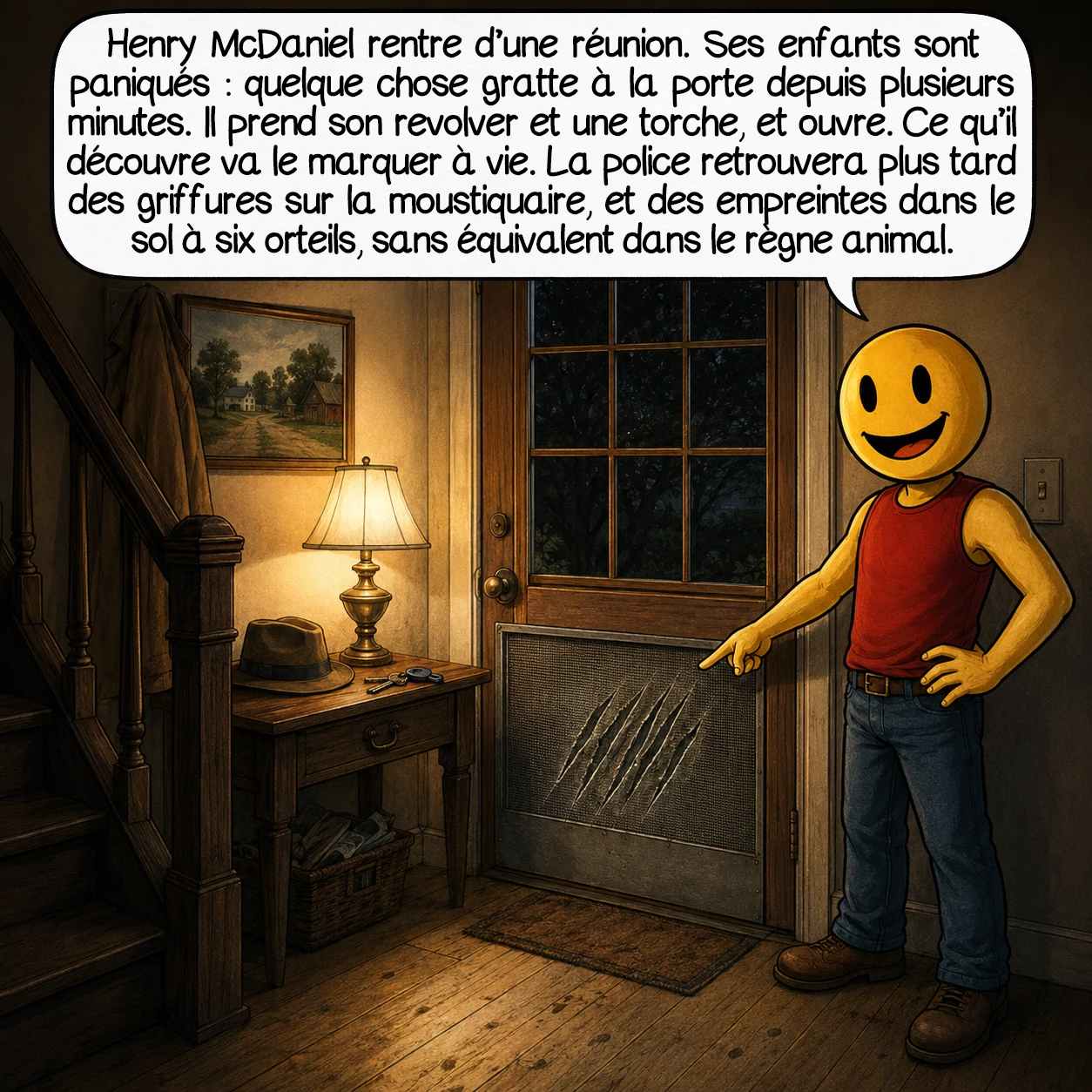 Le monstre d’Enfield, case 2 : Henry McDaniel rentre d’une réunion. Ses enfants sont paniqués : quelque chose gratte à la porte depuis plusieurs minutes. Il prend son revolver calibre .22 et une torche, et ouvre. Ce qu’il découvre entre deux rosiers va le marquer à vie. La police retrouvera plus tard des griffures réelles sur la moustiquaire, et des empreintes dans le sol meuble à six orteils — une anomalie sans équivalent dans le règne animal connu.