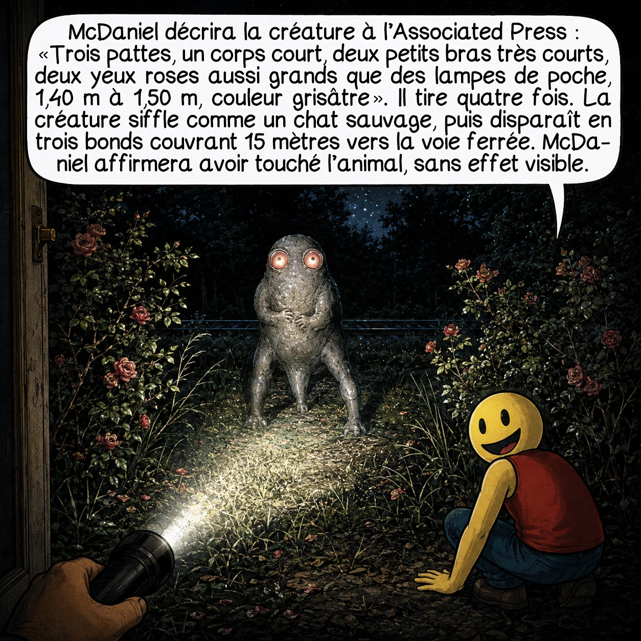 Le monstre d’Enfield, case 3 : McDaniel décrira la créature à l’Associated Press : « Trois pattes, un corps court, deux petits bras très courts, deux yeux roses aussi grands que des lampes de poche, 1,40 m à 1,50 m, couleur grisâtre. » Il tire quatre fois. La créature siffle comme un chat sauvage, puis disparaît en trois bonds couvrant 15 mètres vers la voie ferrée. McDaniel affirmera avoir touché l’animal — sans effet visible.