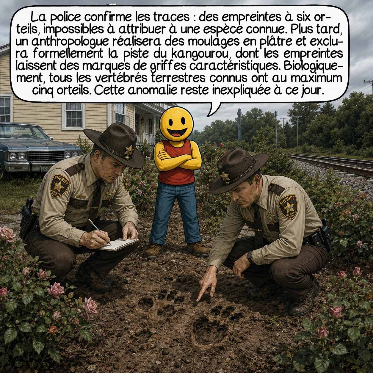 Le monstre d’Enfield, case 4 : La police confirme les traces : des empreintes à six orteils, impossibles à attribuer à une espèce connue. Plus tard, un anthropologue réalisera des moulages en plâtre et exclura formellement la piste du kangourou — dont les empreintes laissent des marques de griffes caractéristiques. Biologiquement, tous les vertébrés terrestres connus ont au maximum cinq orteils. Cette anomalie reste inexpliquée à ce jour.