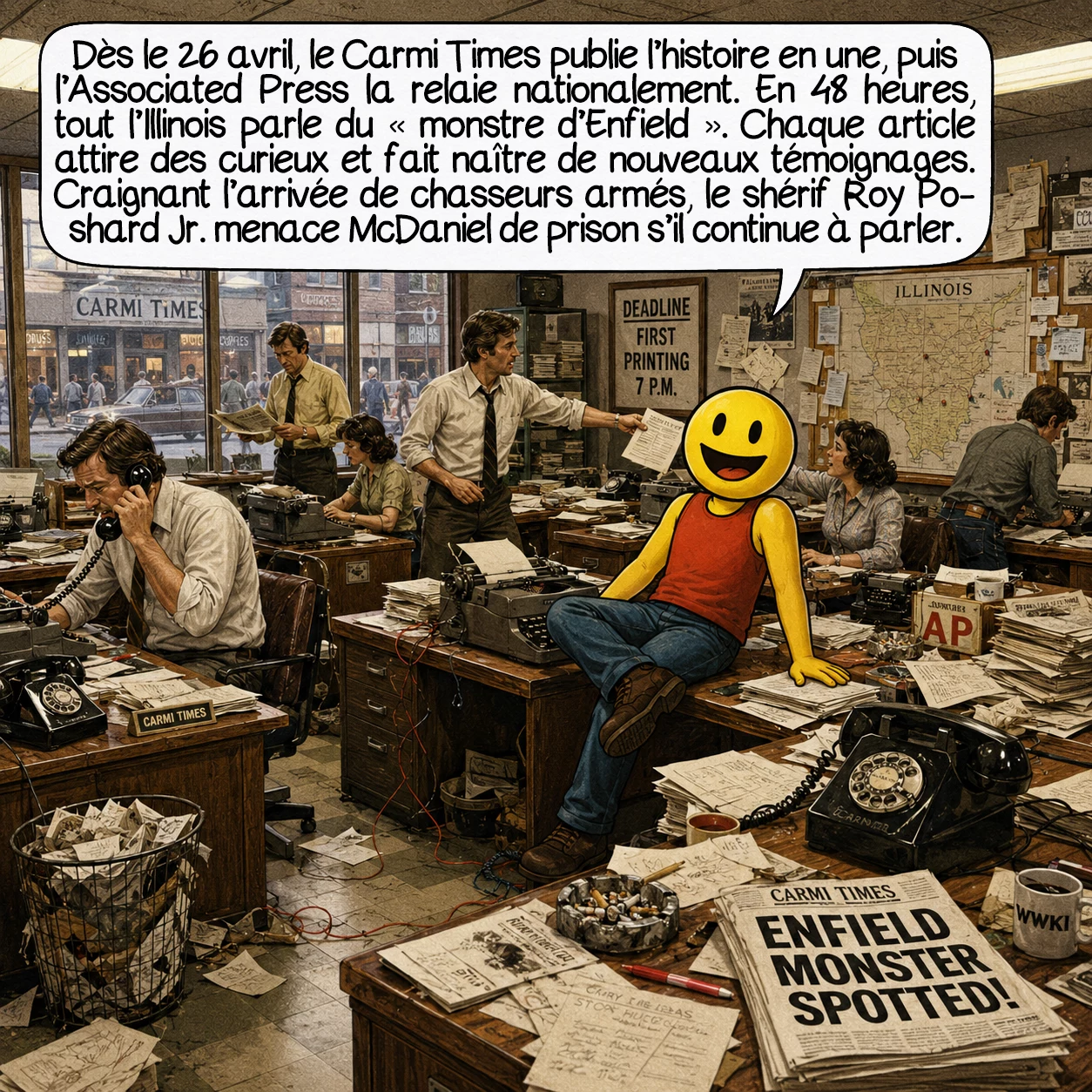 Le monstre d’Enfield, case 5 : Dès le 26 avril, le Carmi Times publie l’histoire en première page. L’Associated Press diffuse la dépêche nationalement. En 48 heures, toute l’Illinois parle du « monstre d’Enfield ». Ce phénomène d’amplification médiatique est central dans l’affaire : chaque article attire de nouveaux curieux, qui génèrent de nouveaux témoignages. Le shérif Roy Poshard Jr. finit par menacer McDaniel d’emprisonnement s’il continue à parler, craignant l’afflux de chasseurs armés.