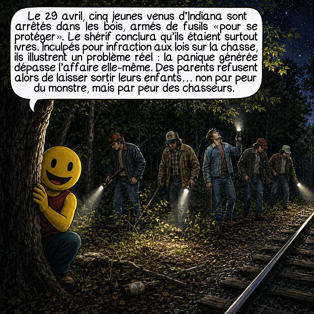 Le monstre d’Enfield, case 6 : Le 29 avril, cinq jeunes venus d’Indiana sont arrêtés dans les bois, armés de fusils « pour se protéger ». Le shérif conclura qu’ils étaient surtout ivres. Inculpés pour infraction aux lois sur la chasse, ils illustrent un problème réel : la panique générée dépasse l’affaire elle-même. Des parents refusent alors de laisser sortir leurs enfants — non par peur du monstre, mais par peur des chasseurs.