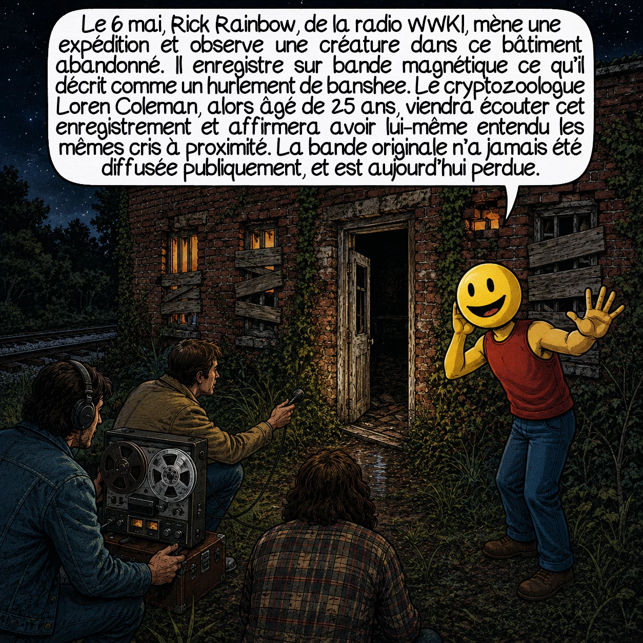 Le monstre d’Enfield, case 7 : Le 6 mai, Rick Rainbow, directeur de l’info de la radio WWKI, mène une expédition et observe une créature dans ce bâtiment abandonné. Il enregistre sur bande magnétique ce qu’il décrit comme un hurlement de banshee. Le cryptozoologue Loren Coleman, alors âgé de 25 ans, viendra écouter cet enregistrement et affirmera avoir lui-même entendu les mêmes cris à proximité. La bande originale n’a jamais été diffusée publiquement — elle est aujourd’hui classée « média perdu ».