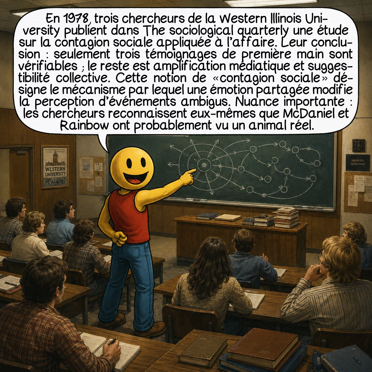 Le monstre d’Enfield, case 8 : En 1978, trois chercheurs de la Western Illinois University publient dans The Sociological Quarterly une étude sur la contagion sociale appliquée à l’affaire. Leur conclusion : seulement trois témoignages de première main sont vérifiables — le reste est amplification médiatique et suggestibilité collective. Cette notion de « contagion sociale » désigne le mécanisme par lequel une émotion partagée modifie la perception d’événements ambigus. Nuance importante : les chercheurs reconnaissent eux-mêmes que McDaniel et Rainbow ont probablement vu un animal réel.
