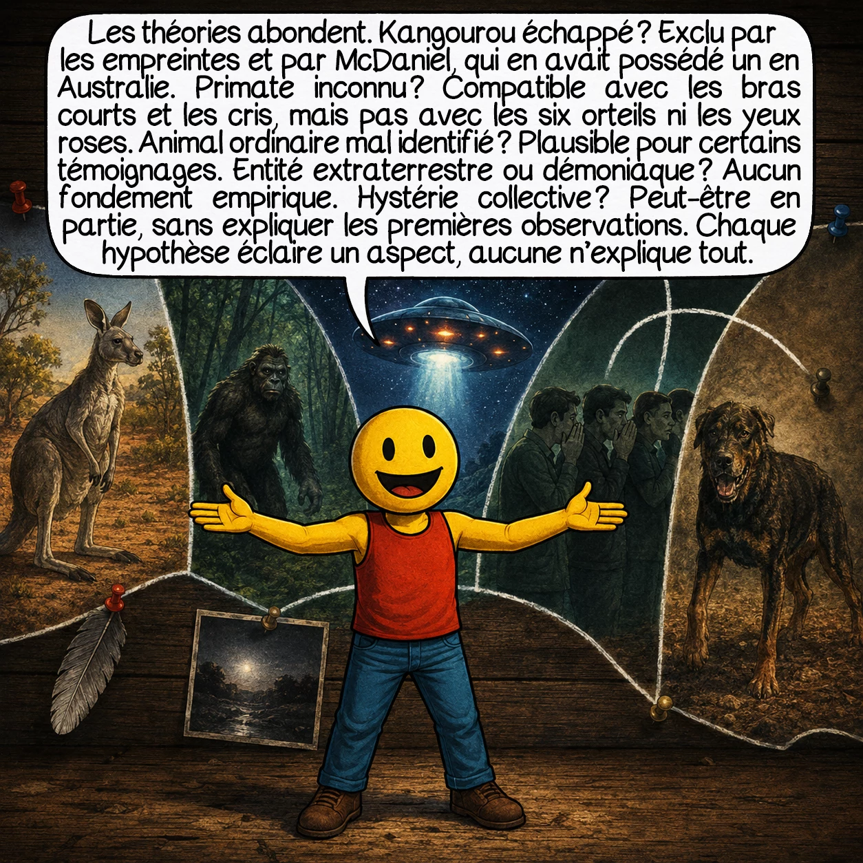 Le monstre d’Enfield, case 9 : Les théories sont nombreuses. Kangourou échappé ? Exclu par les empreintes et par McDaniel lui-même, vétéran ayant possédé un kangourou en Australie. Primate inconnu ? Cohérent avec les bras courts et les cris, mais six orteils et yeux roses ne correspondent à aucun primate répertorié. Animal ordinaire mal identifié ? Plausible pour les témoignages secondaires. Entité extraterrestre ou démoniaque ? Aucun fondement empirique. Hystérie collective ? Partielle, mais n’efface pas les premières observations. Chaque théorie explique une partie — aucune n’explique tout.
