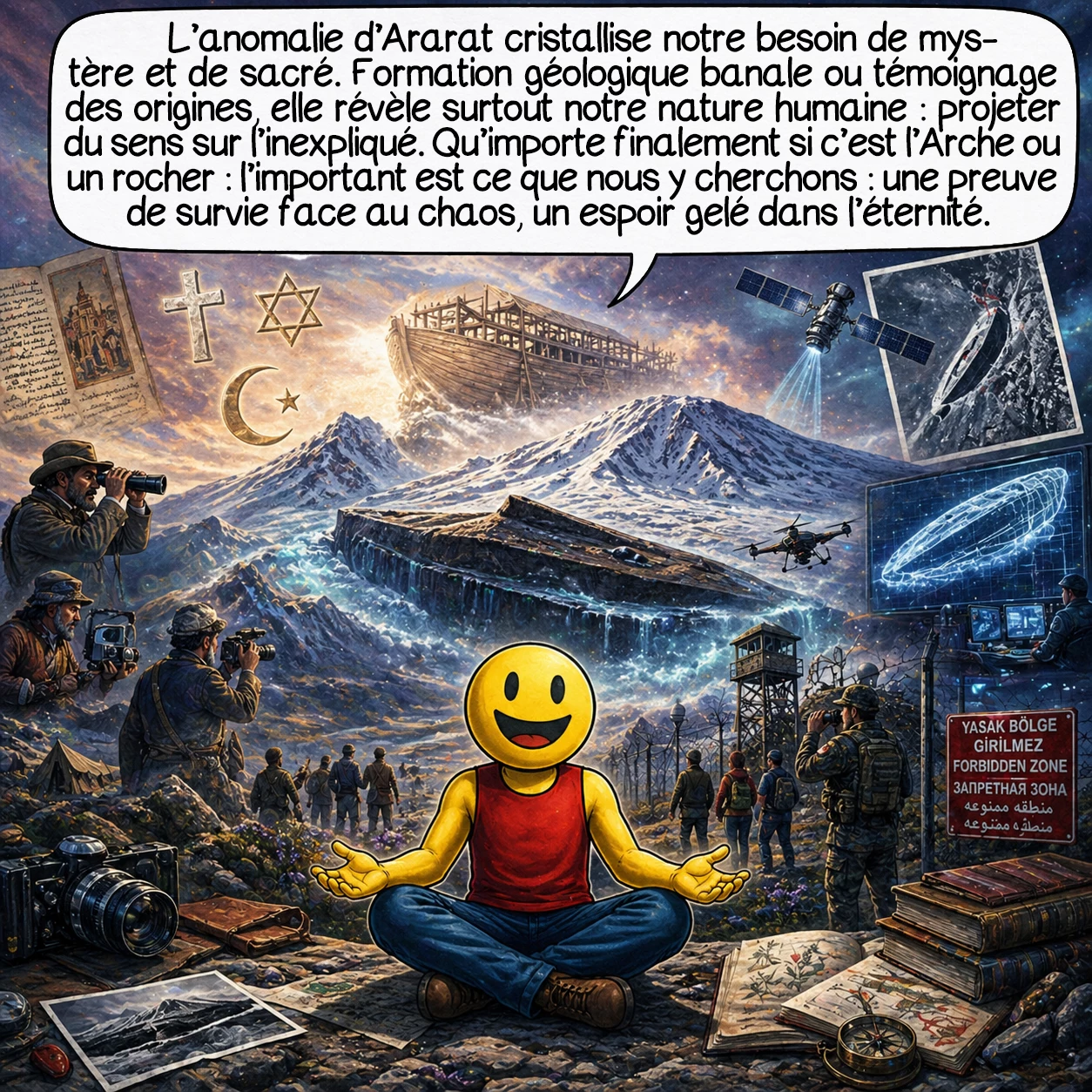 L’anomalie d’Ararat, case 10 : L’anomalie d’Ararat cristallise notre besoin de mystère et de sacré. Formation géologique banale ou témoignage des origines, elle révèle surtout notre nature humaine : projeter du sens sur l’inexpliqué. Qu’importe finalement si c’est l’Arche ou un rocher — l’important est ce que nous y cherchons : une preuve de survie face au chaos, un espoir gelé dans l’éternité. Certains mystères valent plus par les questions qu’ils posent que par les réponses qu’ils cachent.
