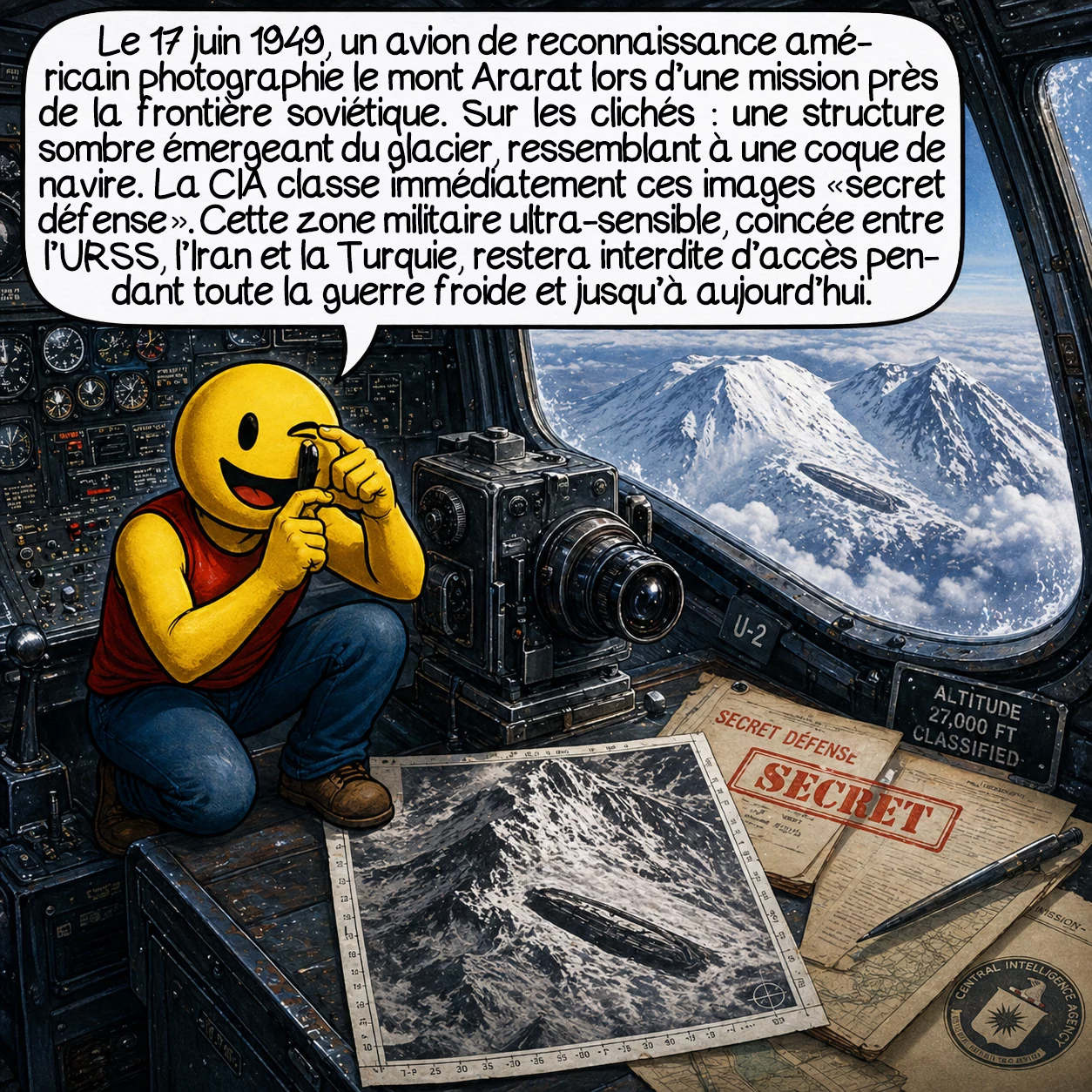 L’anomalie d’Ararat, case 2 : Le 17 juin 1949, un avion de reconnaissance américain photographie accidentellement le mont Ararat lors d’une mission près de la frontière soviétique. Sur les clichés : une structure sombre émergeant du glacier, ressemblant étrangement à une coque de navire. La CIA classe immédiatement ces images « secret défense ». Cette zone militaire ultra-sensible, coincée entre l’URSS, l’Iran et la Turquie, restera interdite d’accès pendant toute la guerre froide et jusqu’à aujourd’hui.