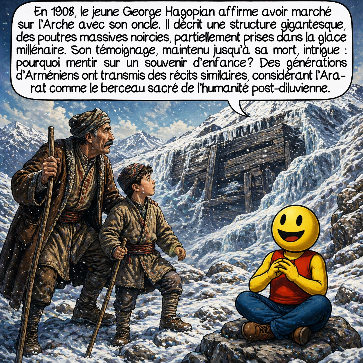 L’anomalie d’Ararat, case 3 : En 1908, le jeune George Hagopian affirme avoir marché sur l’Arche avec son oncle. Il décrit une structure gigantesque, des poutres massives noircies, partiellement prises dans la glace millénaire. Son témoignage, maintenu jusqu’à sa mort, intrigue : pourquoi mentir sur un souvenir d’enfance ? Des générations d’Arméniens ont transmis des récits similaires, considérant l’Ararat comme le berceau sacré de l’humanité post-diluvienne.