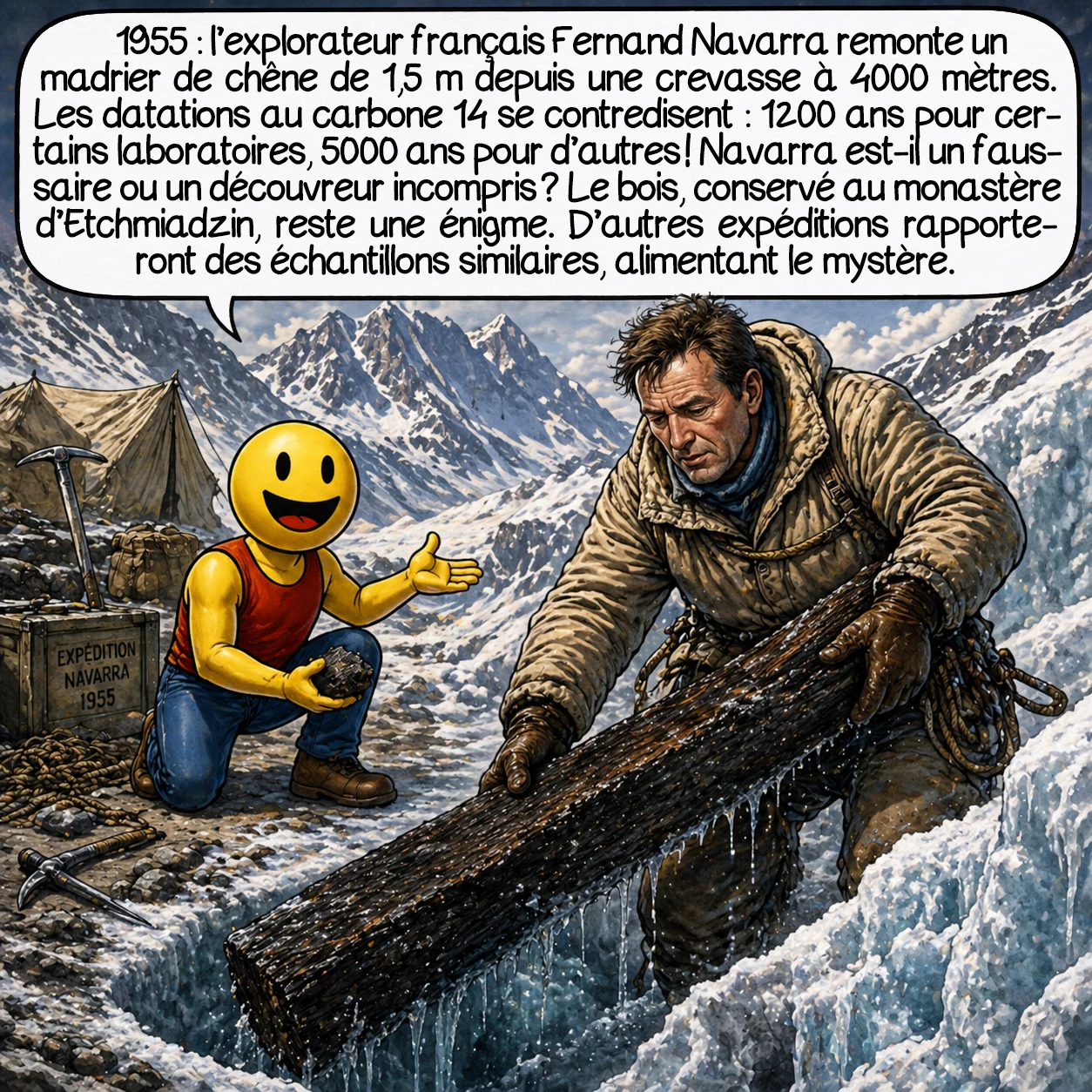 L’anomalie d’Ararat, case 4 : 1955 : l’explorateur français Fernand Navarra remonte un madrier de chêne de 1,5 m depuis une crevasse à 4000 mètres. Les datations au carbone 14 se contredisent : 1200 ans pour certains laboratoires, 5000 ans pour d’autres ! Navarra est-il un faussaire ou un découvreur incompris ? Le bois, conservé au monastère d’Etchmiadzin, reste une énigme. D’autres expéditions rapporteront des échantillons similaires, alimentant le mystère.