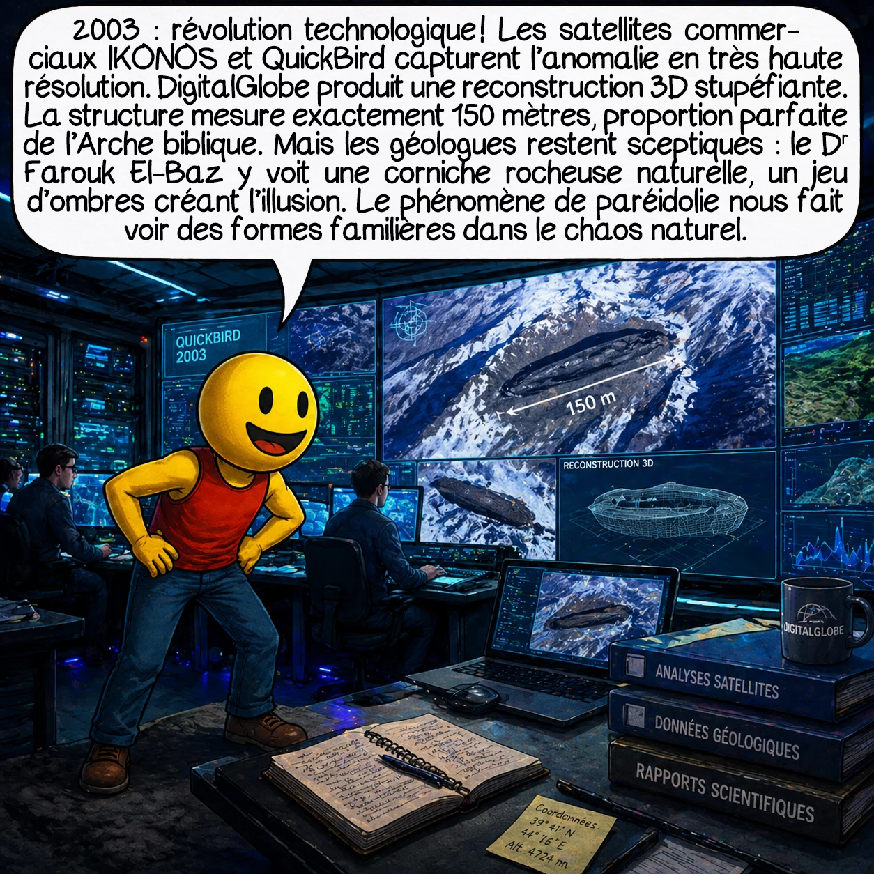 L’anomalie d’Ararat, case 6 : 2003 : révolution technologique ! Les satellites commerciaux IKONOS et QuickBird capturent l’anomalie en très haute résolution. DigitalGlobe produit une reconstruction 3D stupéfiante. La structure mesure exactement 150 mètres, proportion parfaite de l’Arche biblique. Mais les géologues restent sceptiques : le Dr Farouk El-Baz y voit une corniche rocheuse naturelle, un jeu d’ombres créant l’illusion. Le phénomène de paréidolie nous fait voir des formes familières dans le chaos naturel.