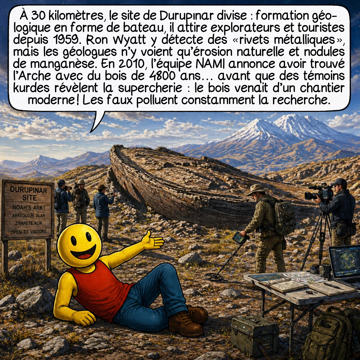 L’anomalie d’Ararat, case 7 : À 30 kilomètres, le site de Durupınar divise : formation géologique en forme de bateau, il attire explorateurs et touristes depuis 1959. Ron Wyatt y détecte des « rivets métalliques », mais les géologues n’y voient qu’érosion naturelle et nodules de manganèse. En 2010, l’équipe NAMI annonce avoir trouvé l’Arche avec du bois de 4800 ans… avant que des témoins kurdes révèlent la supercherie : le bois venait d’un chantier moderne ! Les faux polluent constamment la recherche.