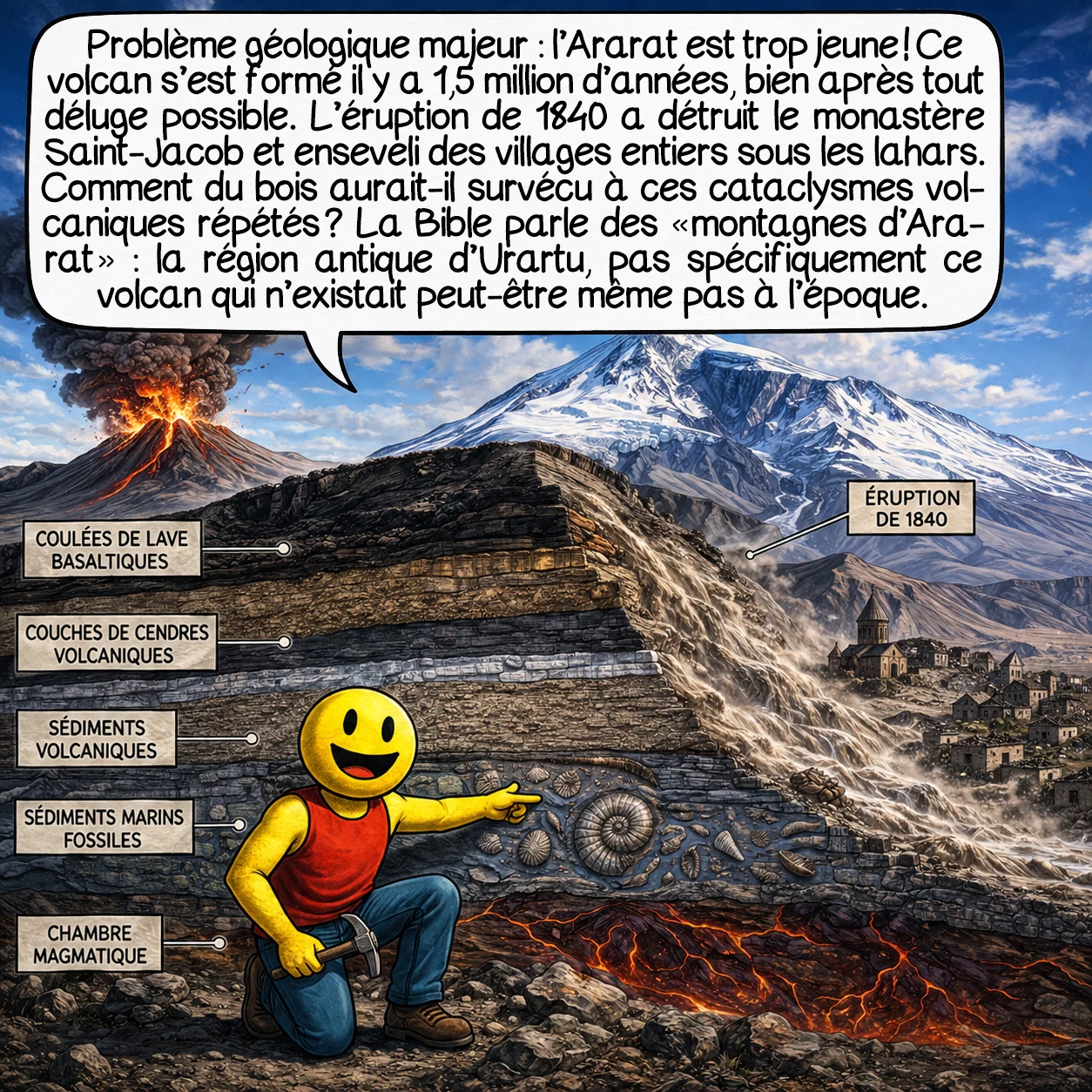 L’anomalie d’Ararat, case 8 : Problème géologique majeur : l’Ararat est trop jeune ! Ce volcan s’est formé il y a 1,5 million d’années, bien après tout déluge possible. L’éruption de 1840 a détruit le monastère Saint-Jacob et enseveli des villages entiers sous les lahars. Comment du bois aurait-il survécu à ces cataclysmes volcaniques répétés ? La Bible parle des « montagnes d’Ararat » — la région antique d’Urartu — pas spécifiquement ce volcan qui n’existait peut-être même pas à l’époque.