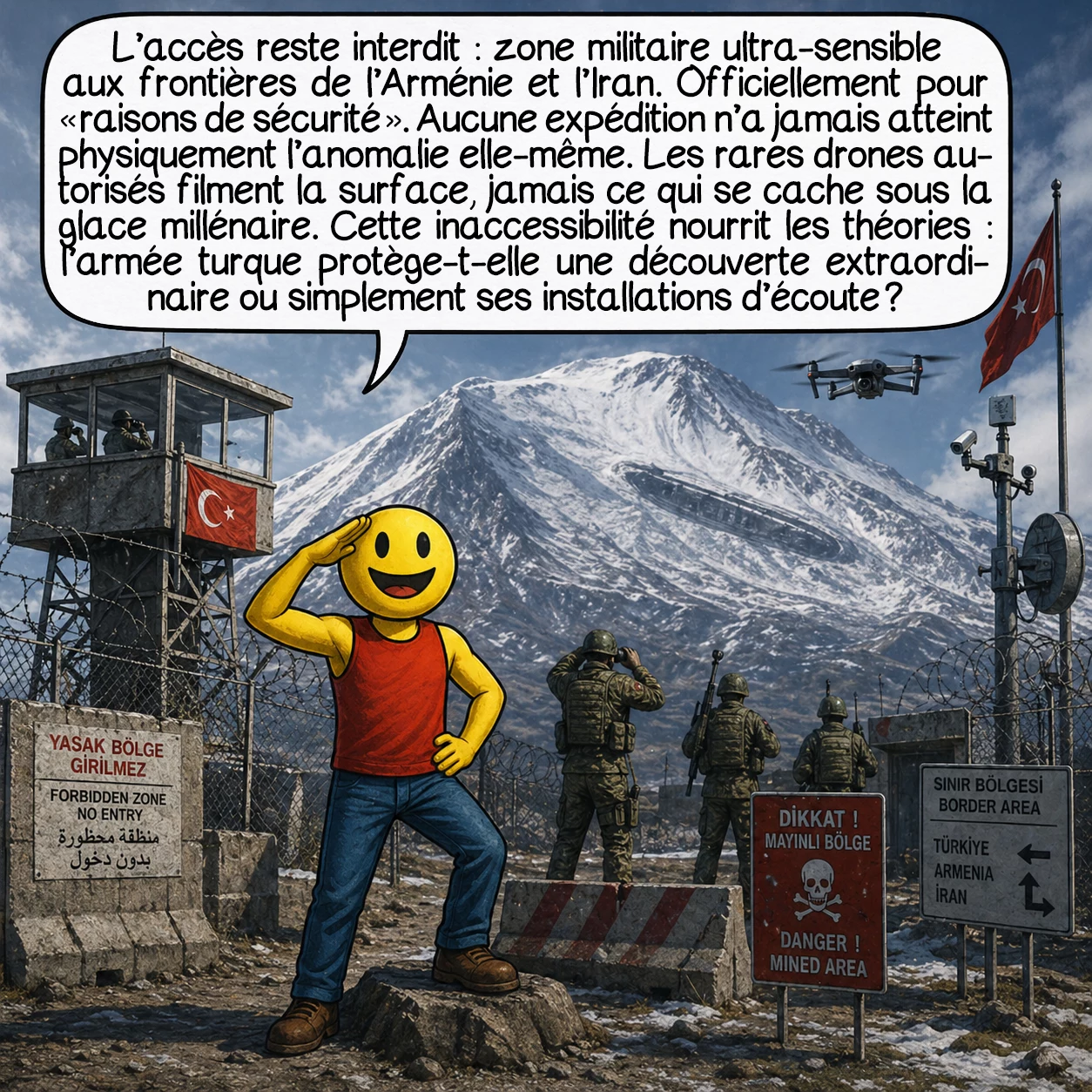 L’anomalie d’Ararat, case 9 : L’accès reste interdit : zone militaire ultra-sensible aux frontières de l’Arménie et l’Iran. Officiellement pour « raisons de sécurité », officieusement… que cache-t-on ? Aucune expédition n’a jamais atteint physiquement l’anomalie elle-même. Les rares drones autorisés filment la surface, jamais ce qui se cache sous la glace millénaire. Cette inaccessibilité nourrit les théories : l’armée turque protège-t-elle une découverte extraordinaire ou simplement ses installations d’écoute ?