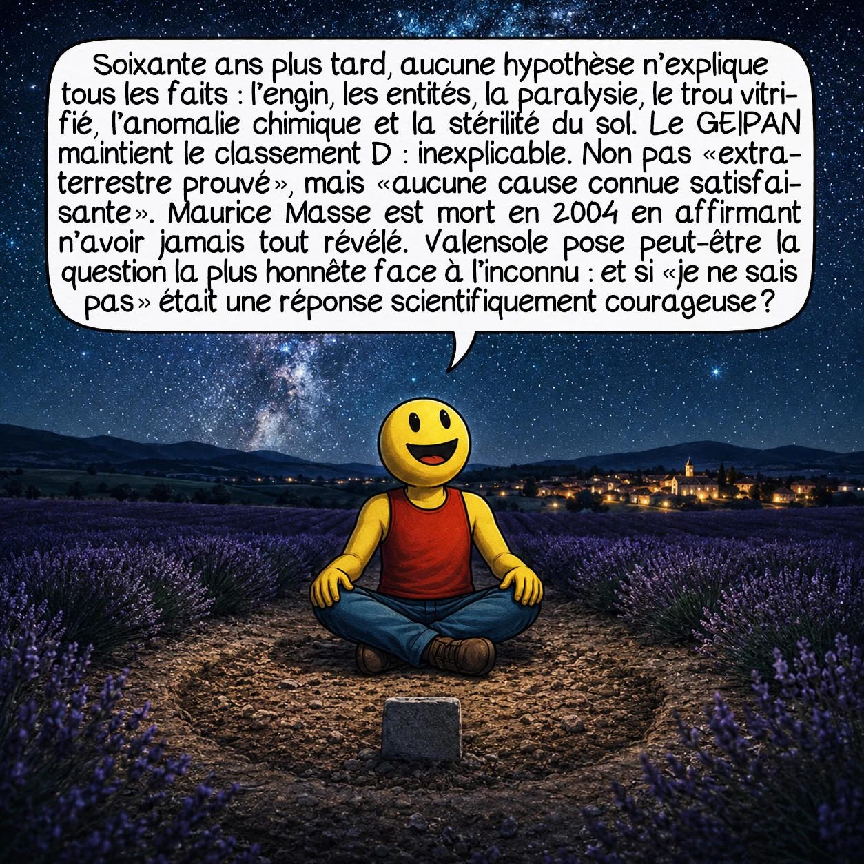 La rencontre de Valensole, case 10 : Soixante ans après, aucune des hypothèses connues n’explique l’ensemble des faits : la forme de l’engin, les entités, la paralysie, le trou vitrifié, l’anomalie chimique, la stérilité décennale. Le GEIPAN maintient le classement D — inexplicable. Non pas « extraterrestre prouvé », mais « aucune cause connue satisfaisante ». Maurice Masse est mort en 2004 en disant qu’il n’avait jamais tout révélé. Ce que cache Valensole — témoin sincère, phénomène réel ou incroyable coïncidence de facteurs —, c’est peut-être la question la plus honnête que l’on puisse poser face à l’inconnu : et si « je ne sais pas » était une réponse scientifiquement courageuse ?