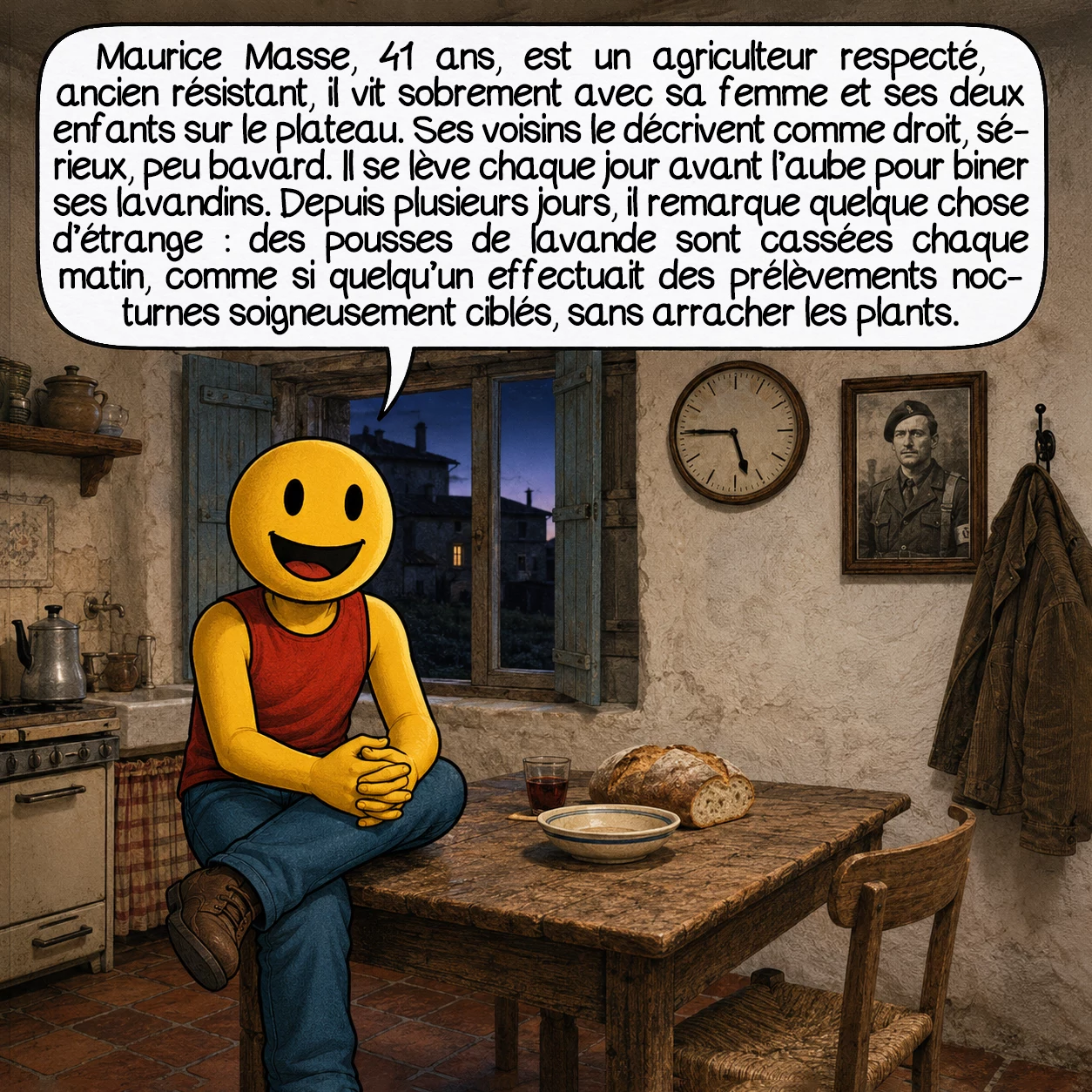 La rencontre de Valensole, case 2 : Maurice Masse n’est pas n’importe qui. Agriculteur respecté, ancien résistant durant la Seconde Guerre mondiale, il vit sobrement avec sa femme et ses deux enfants sur le plateau. Ses voisins le décrivent comme droit, sérieux, peu bavard. Il se lève chaque jour avant l’aube pour biner ses lavandins. Depuis plusieurs jours, il remarque quelque chose d’étrange : des pousses de lavande sont cassées chaque matin, comme si quelqu’un effectuait des prélèvements nocturnes soigneusement ciblés — sans arracher les plants.